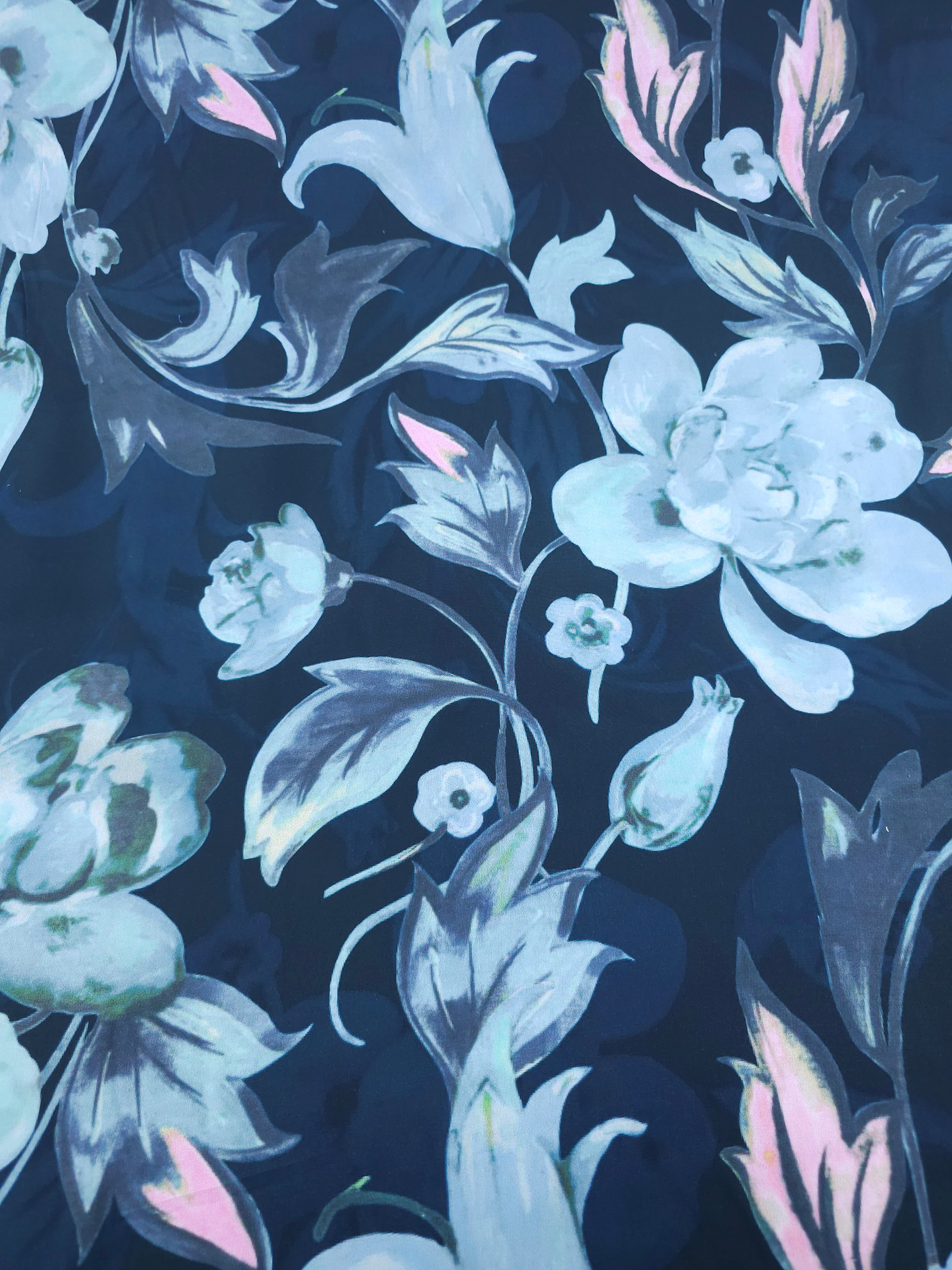 Navy Blur Floral Twine Crepe Backed Matte Satin