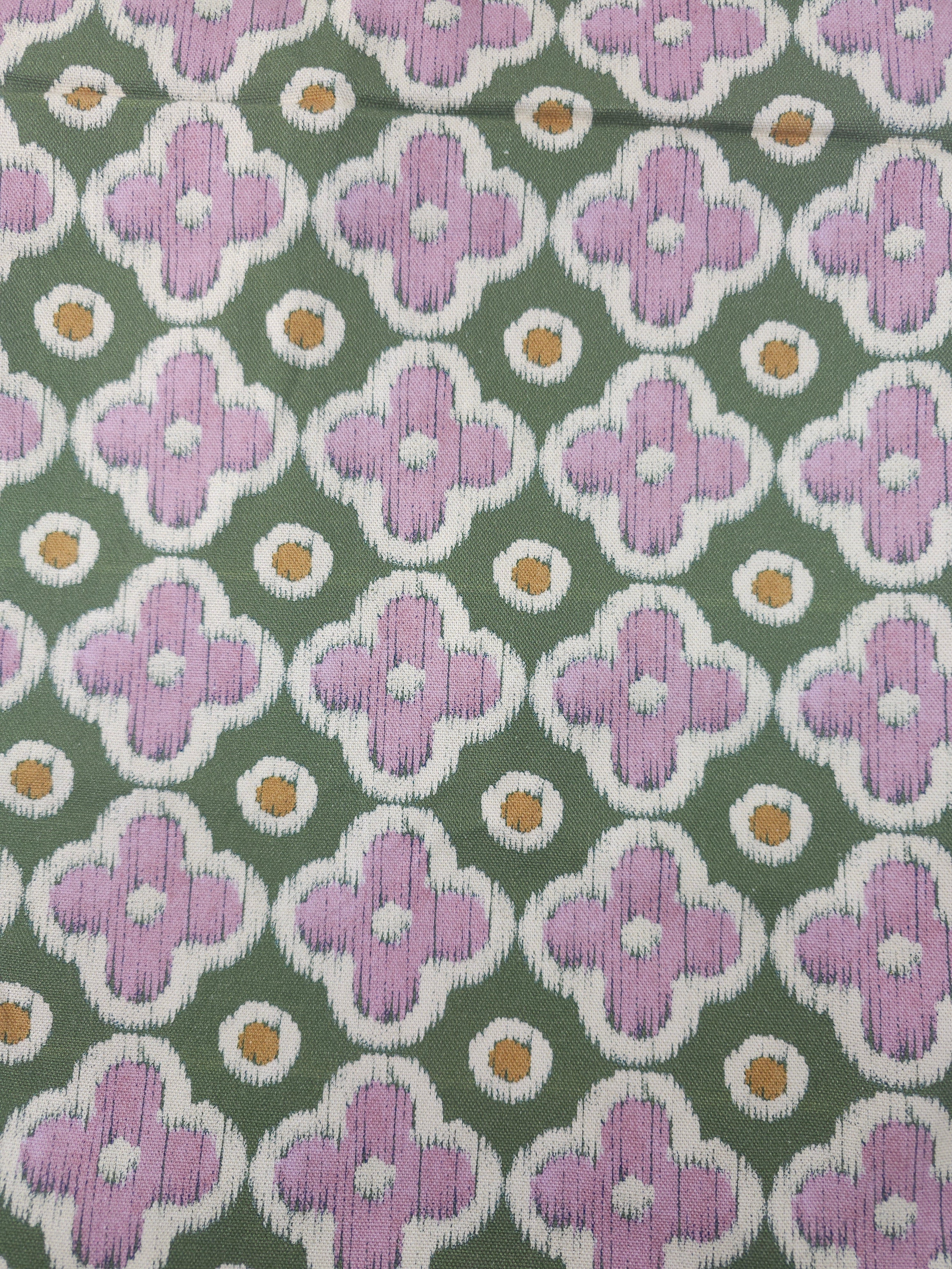 Green pink flower repeat Cotton canvas- 1.5m piece