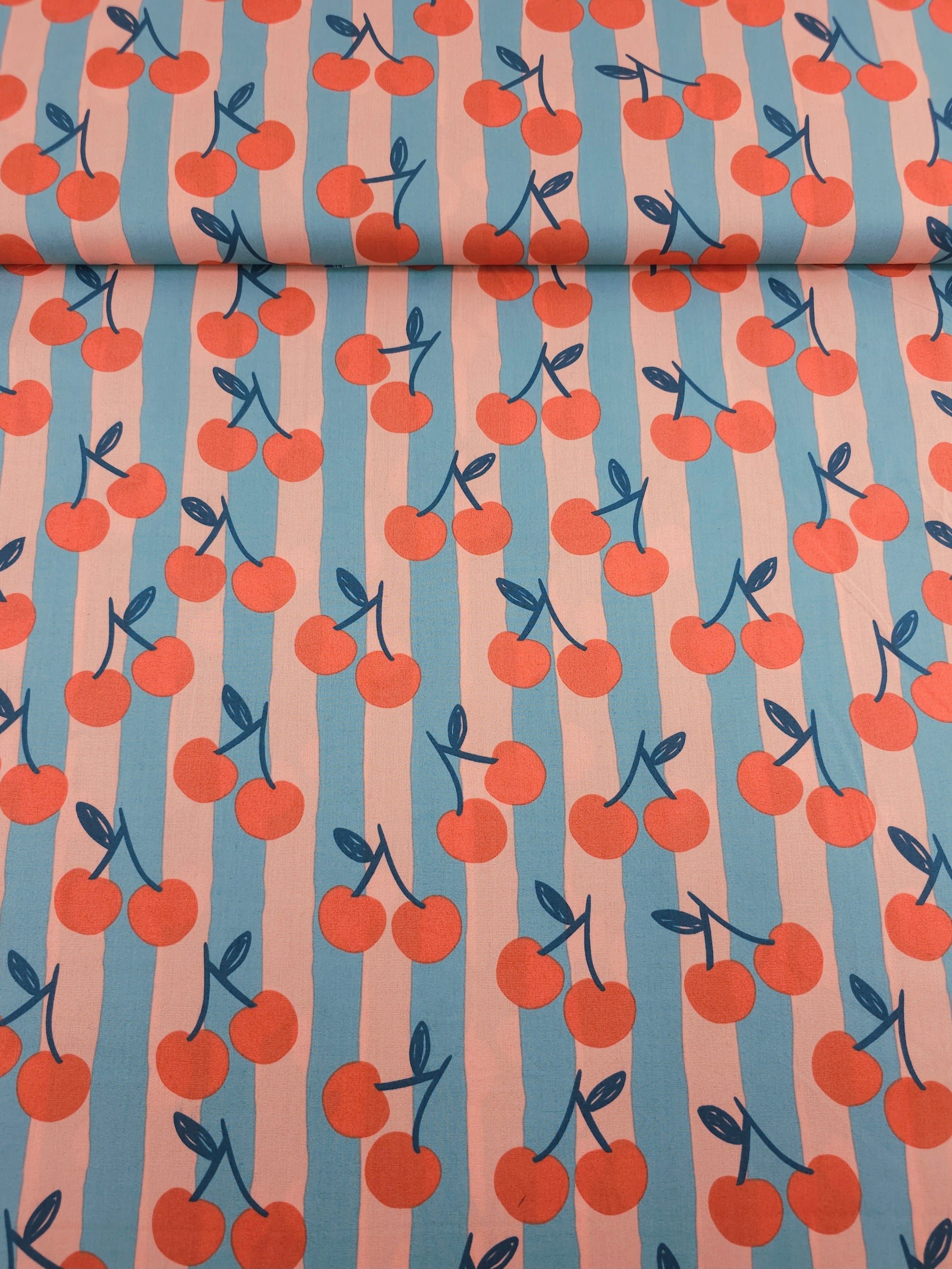 Peach/Teal Cherry Stripe 100% Cotton 57"