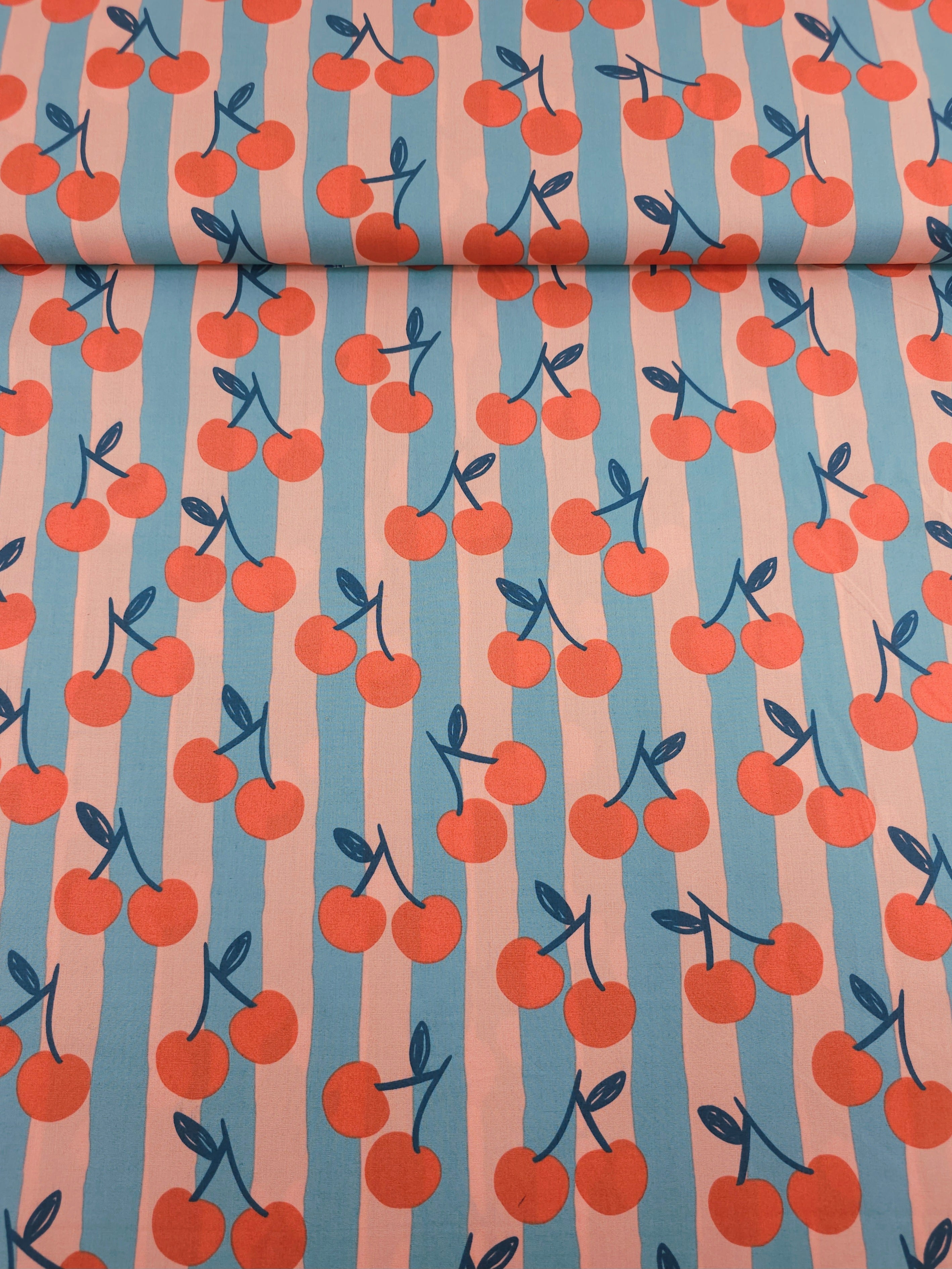 Peach/Teal Cherry Stripe 100% Cotton 57"