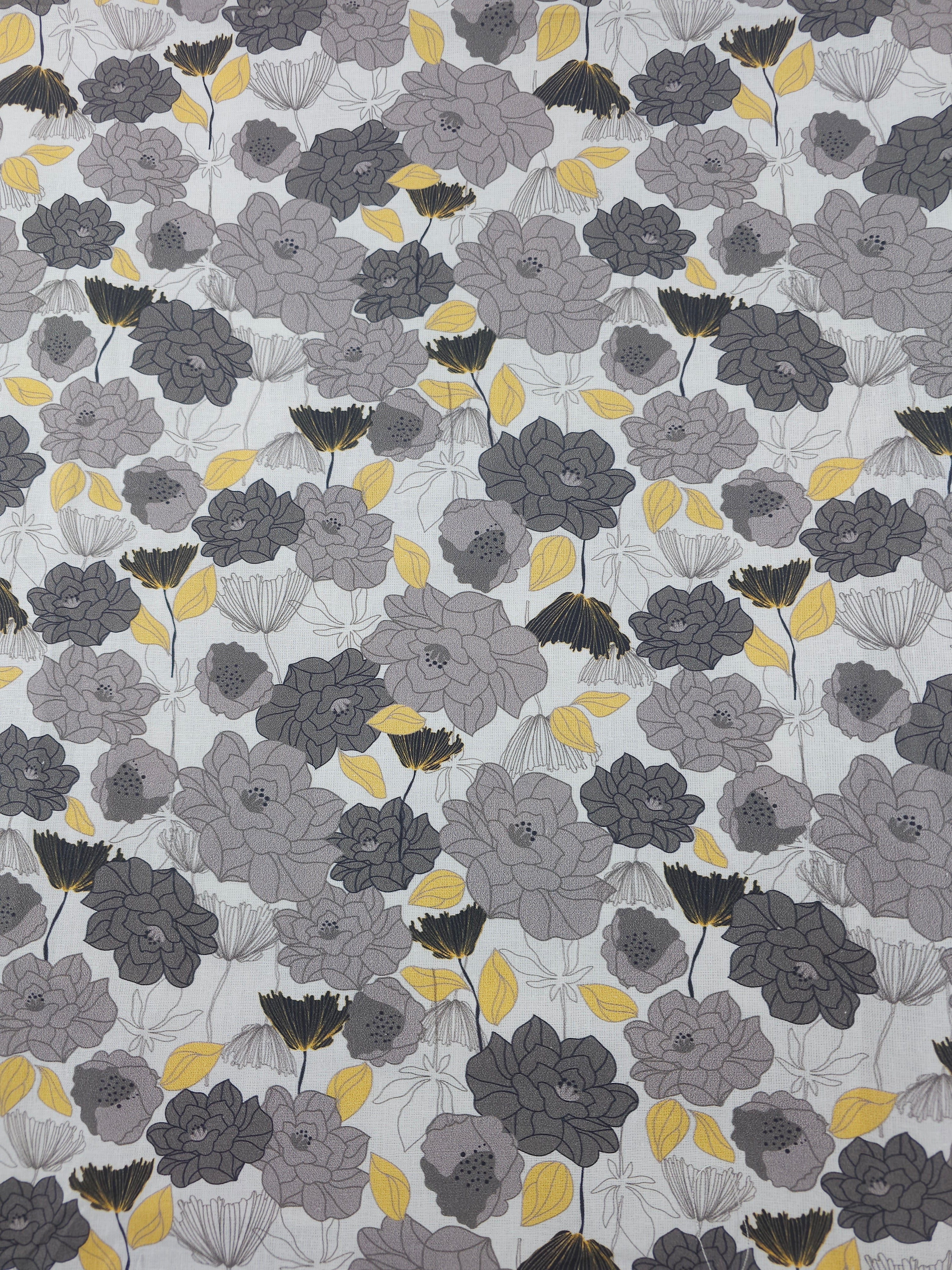 Grey and yellow floral Cotton- 1m piece
