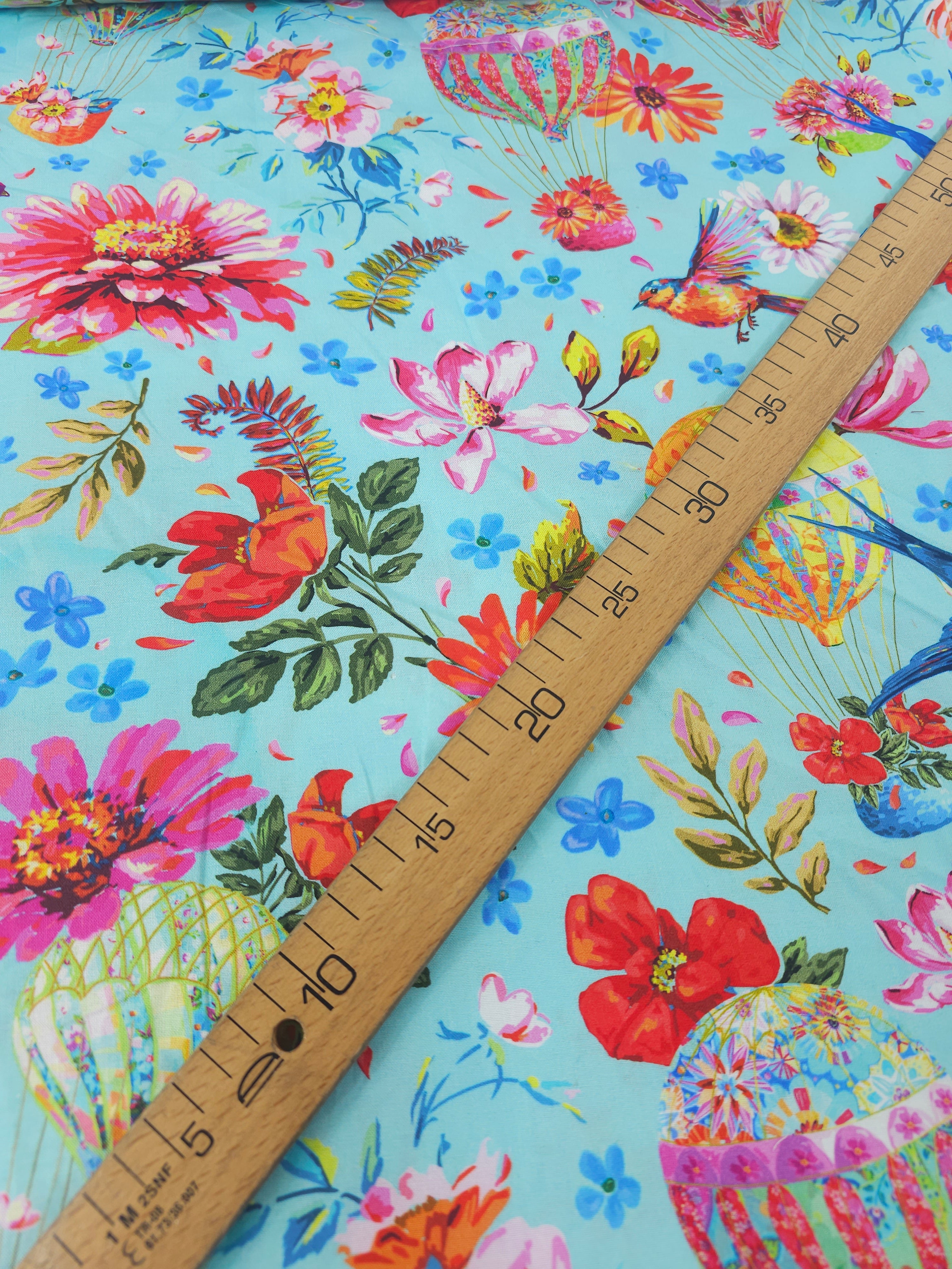 Hummingbird Floral Hot Air Balloons 100% Cotton - Odile Bailloeul