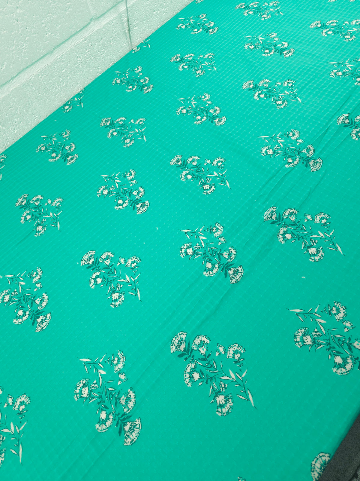 Aqua Green Floral Stem Grid Cambric Cotton