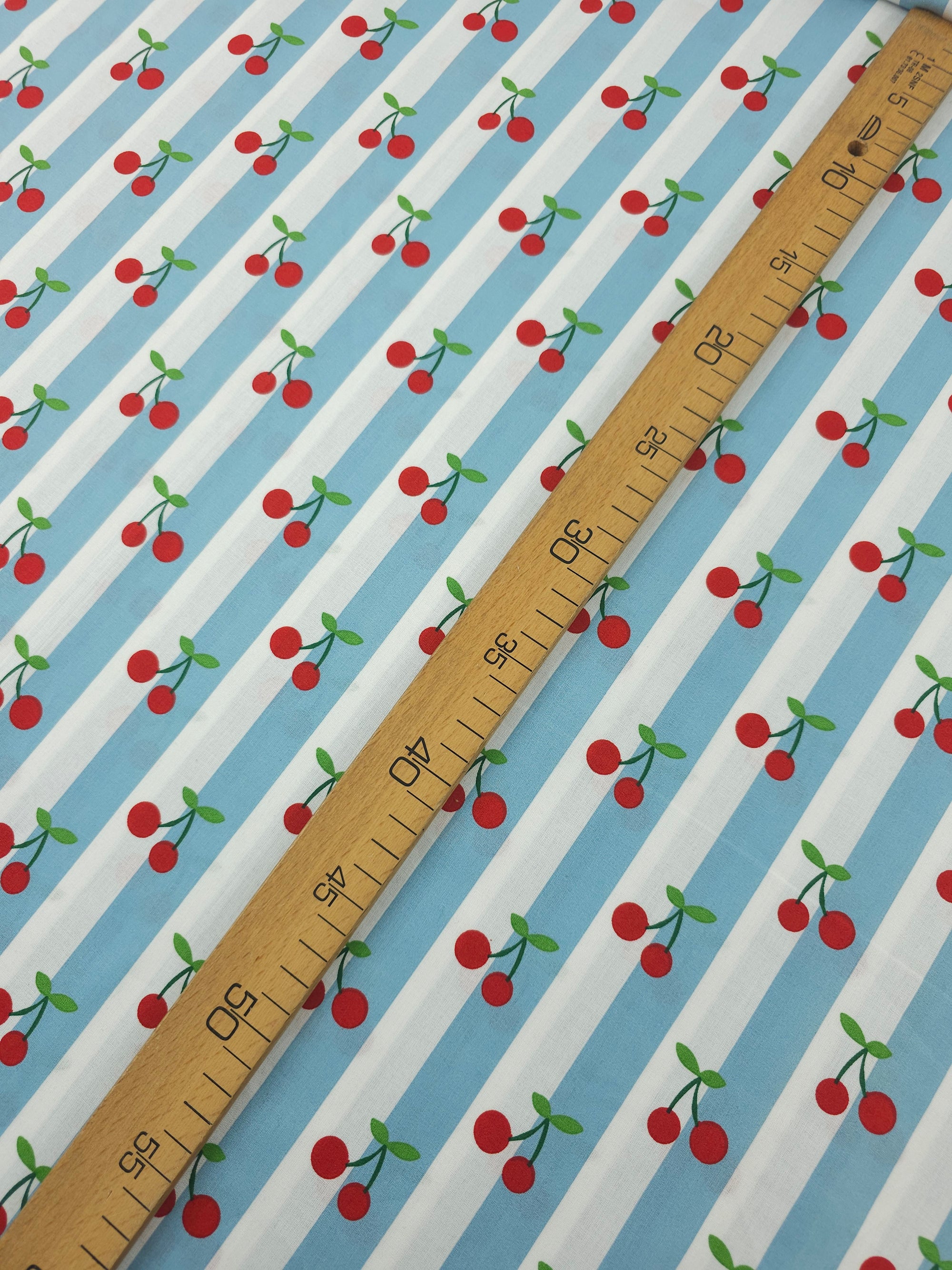 Duck Egg Blue Cherry Stripe Lightweight Cotton 57"