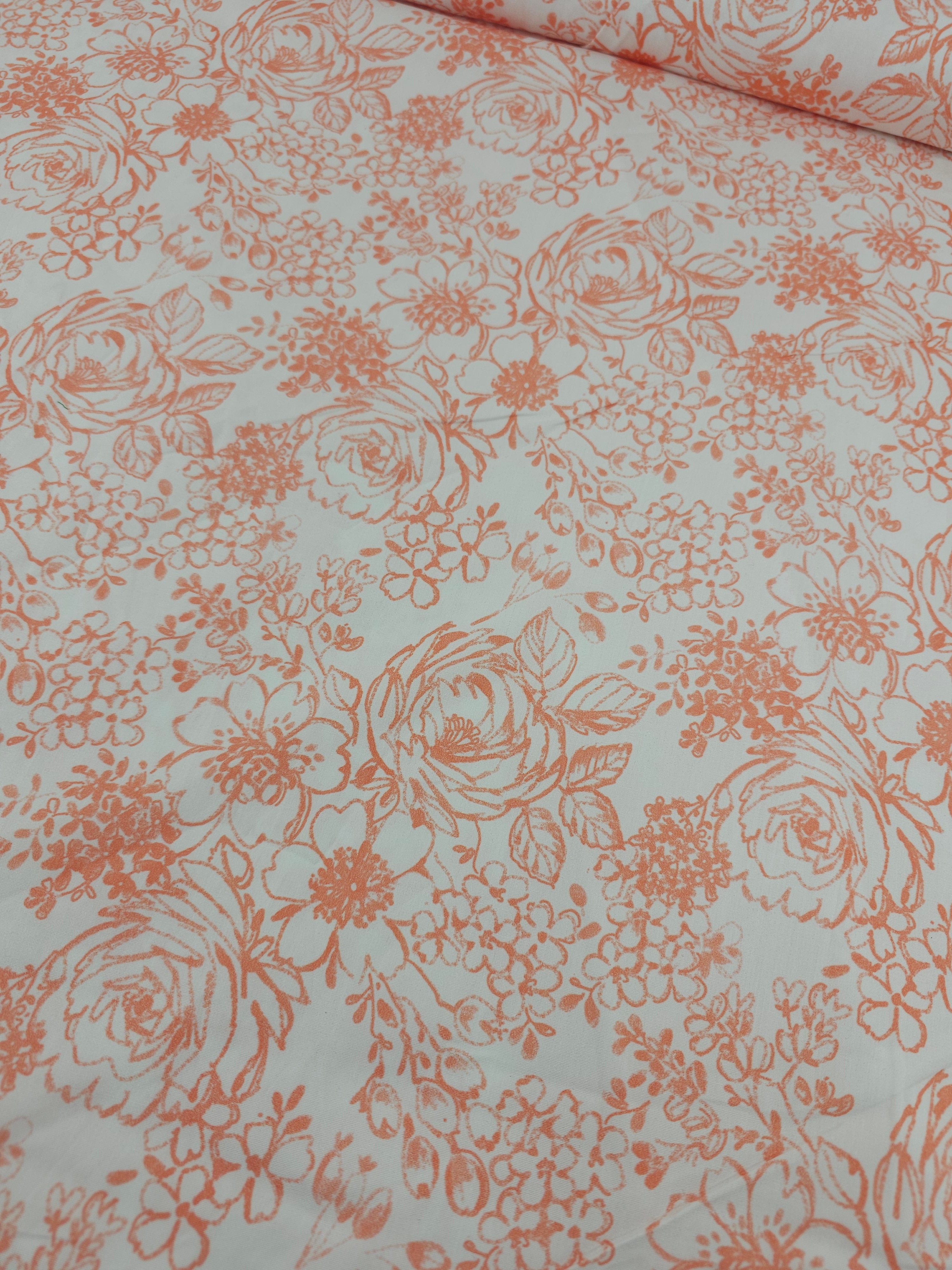 Peachy Coral Sketch Floral 100% Cotton 55”