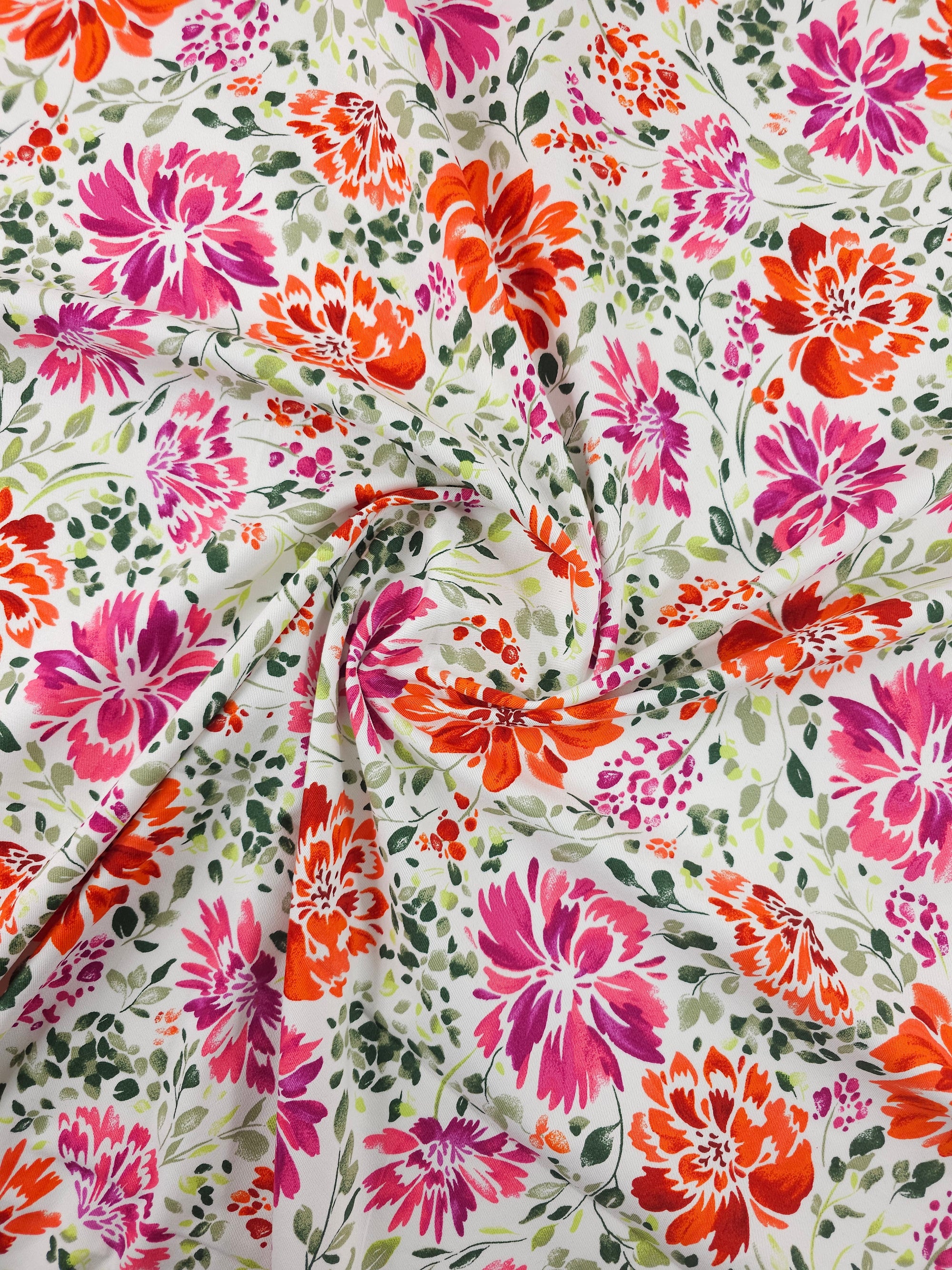 Orange/Pink Watercolour Wonder Floral Lightweight Cotton Sateen Twill