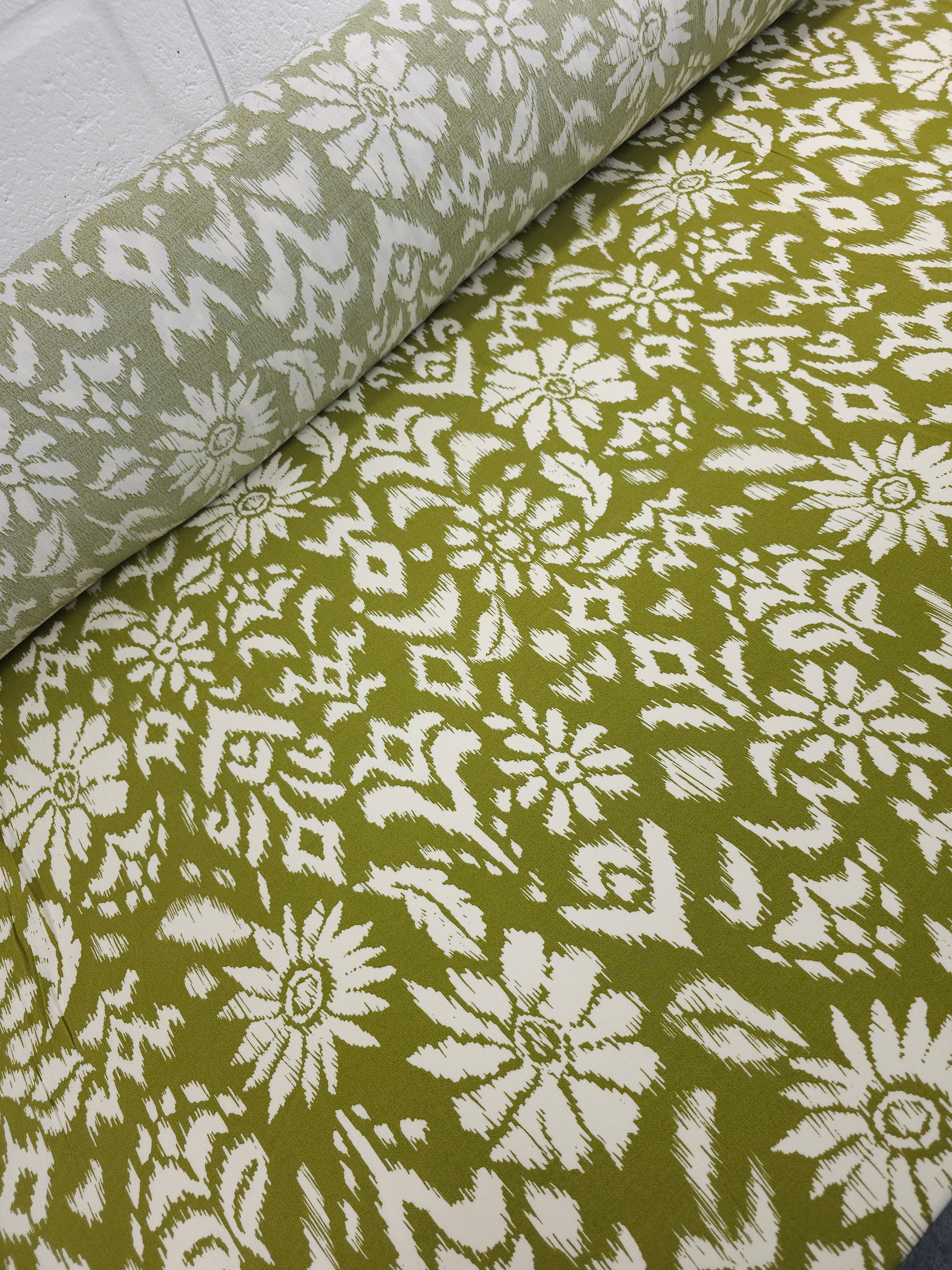 Deep Lime Damask Floral Viscose Crepe