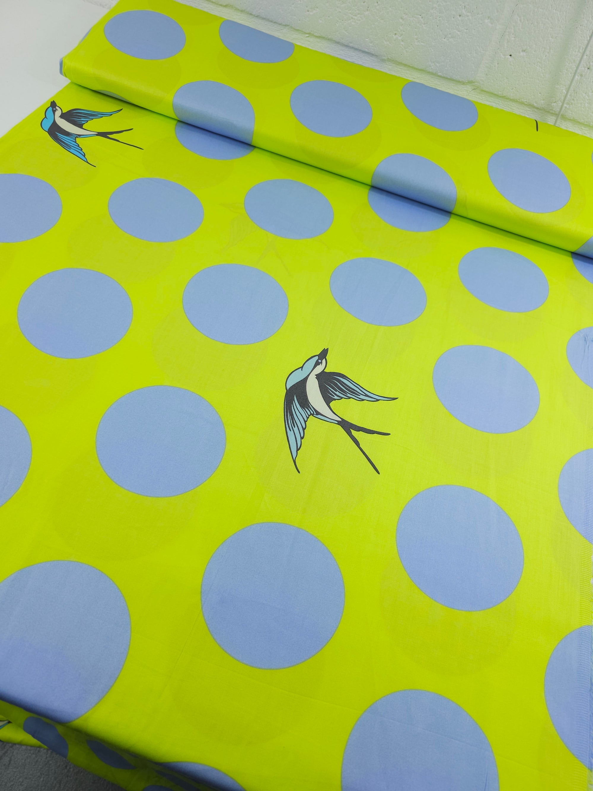 Lime/Baby Blue Free Fall Bird Polka Cotton Sateen 103" - Tula Pink *EXTRA WIDE*