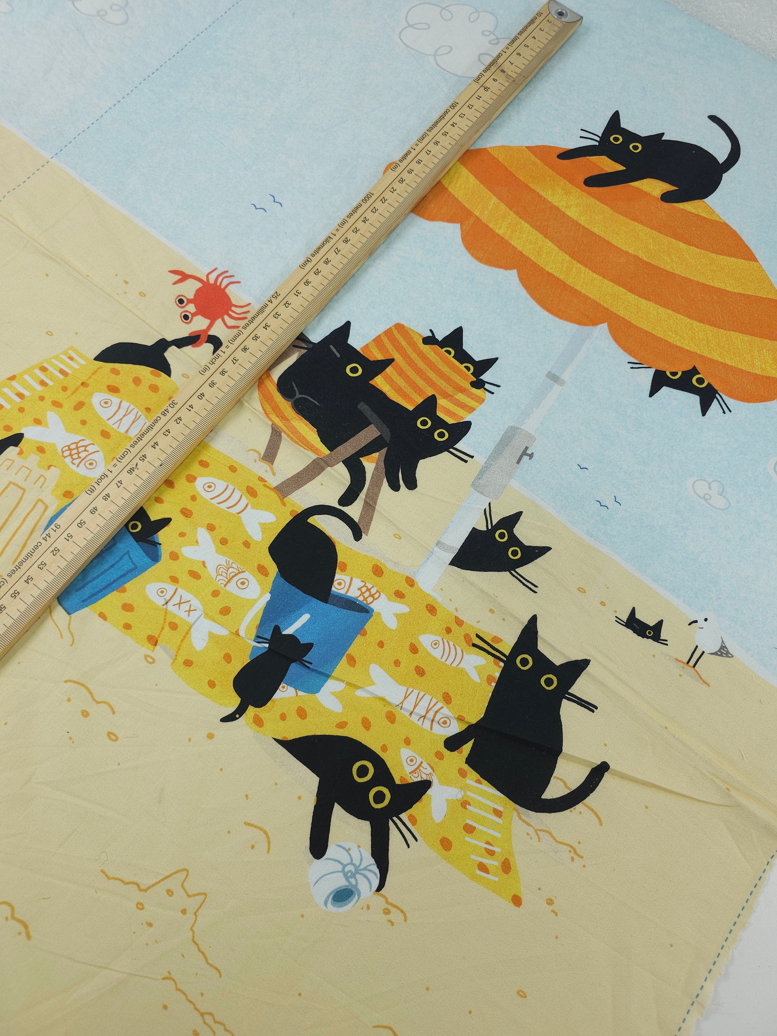 Cats On The Beach 100% Cotton - 60cm Panel