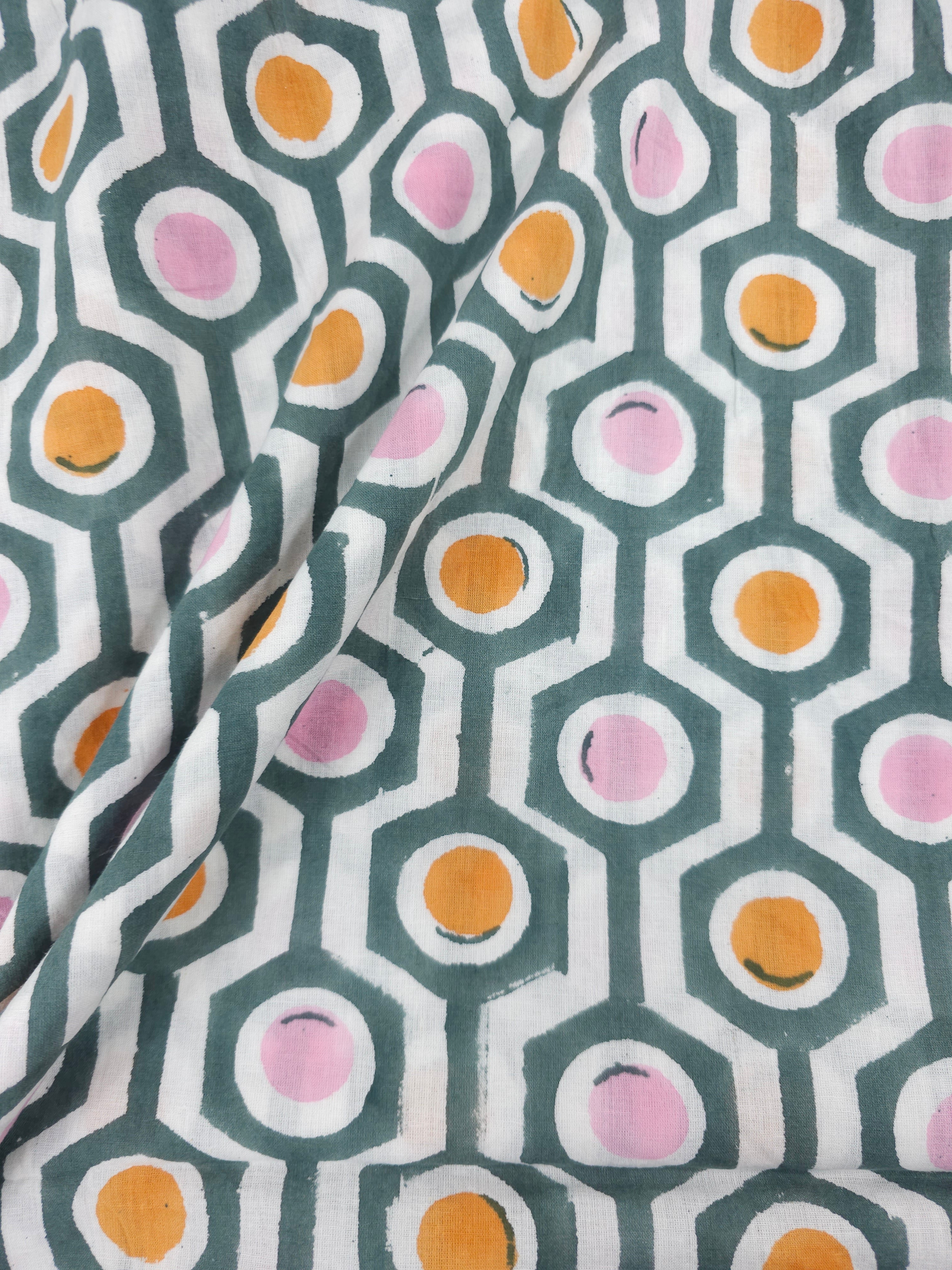 Duck Egg Abstract Hexagon Block Print Cotton
