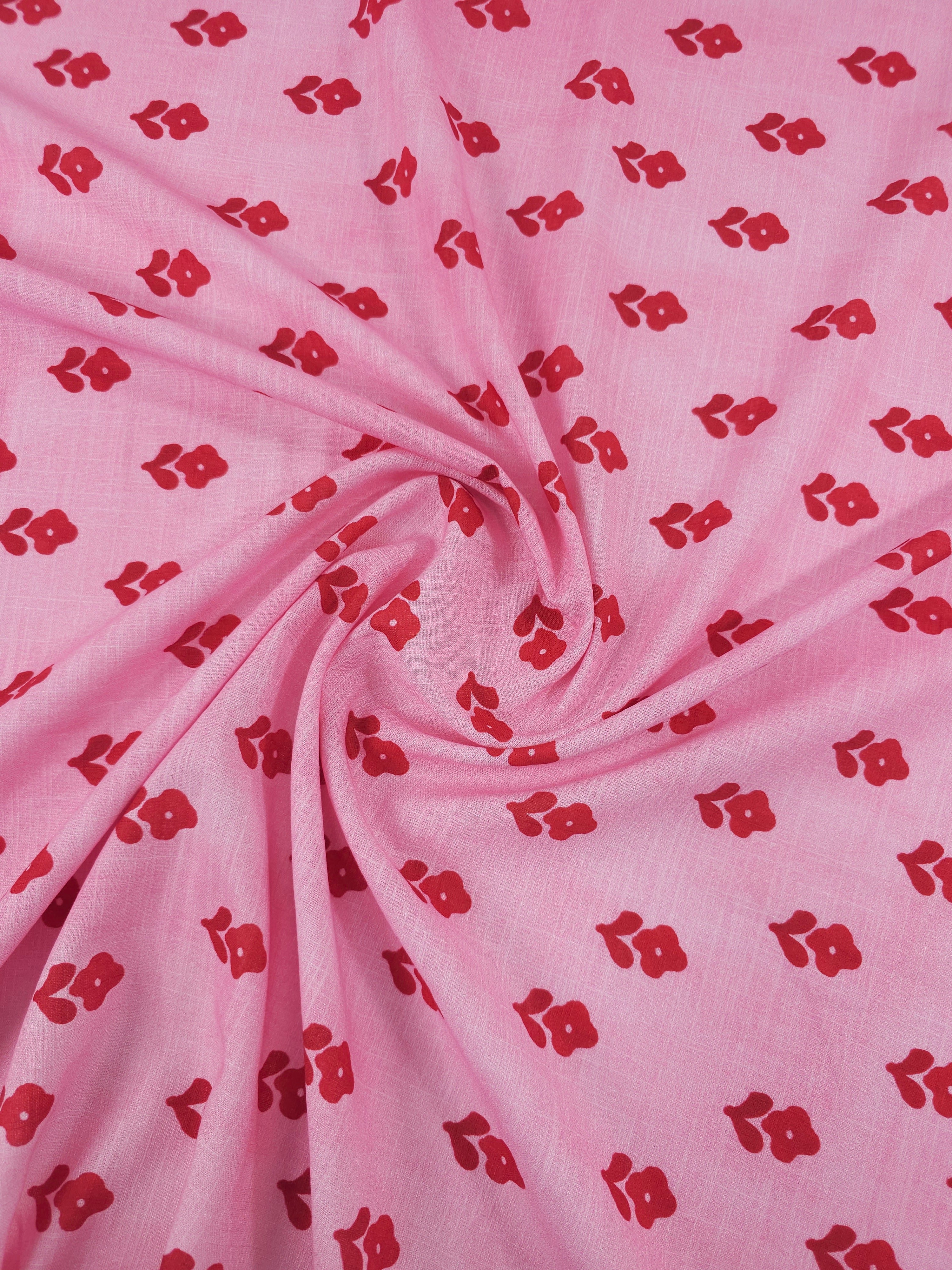 Pink/Red Washed Ditsy Floral Linen Look Cotton