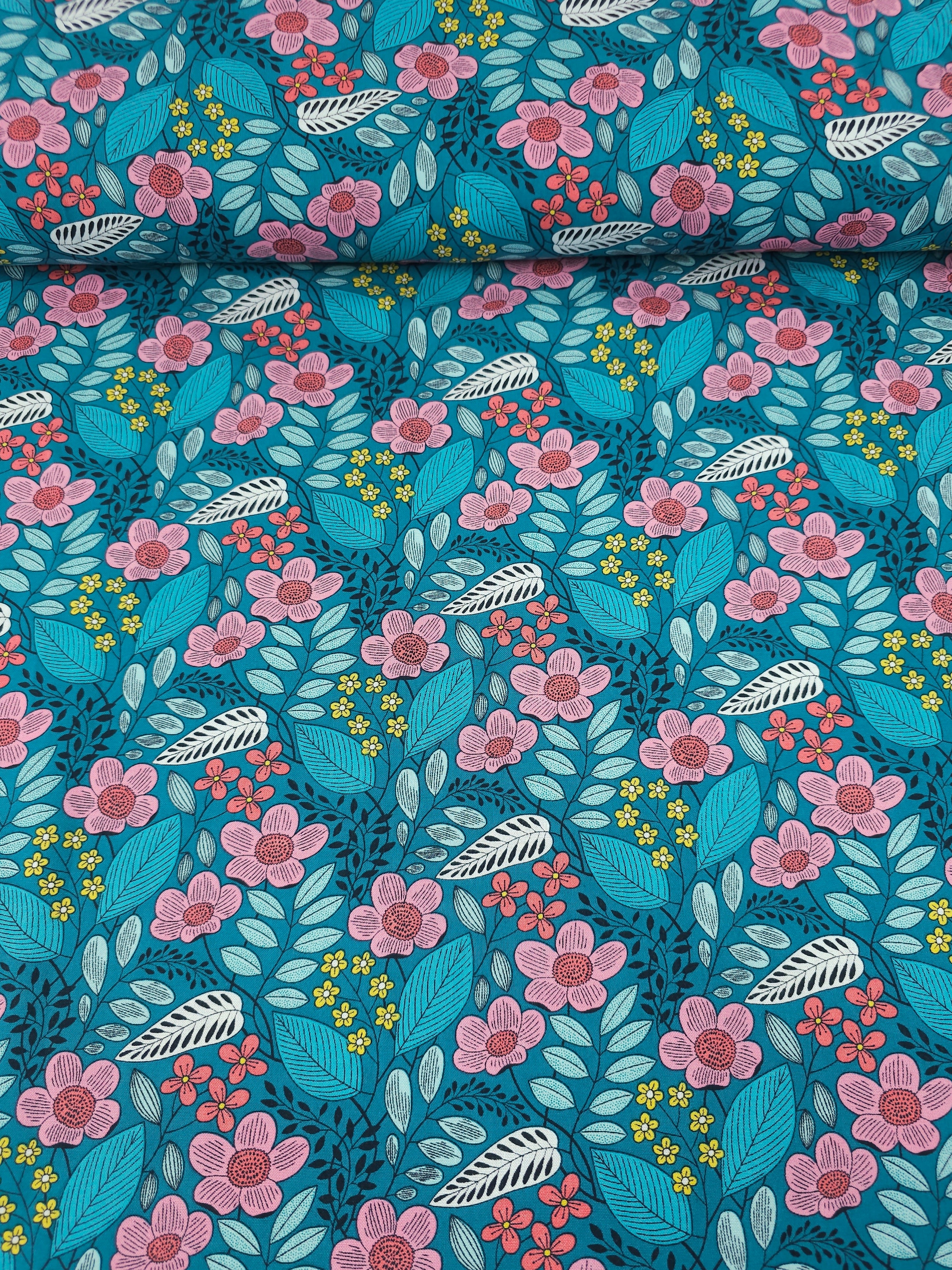 Teal Flouresence Floral 100% Cotton - Benartex