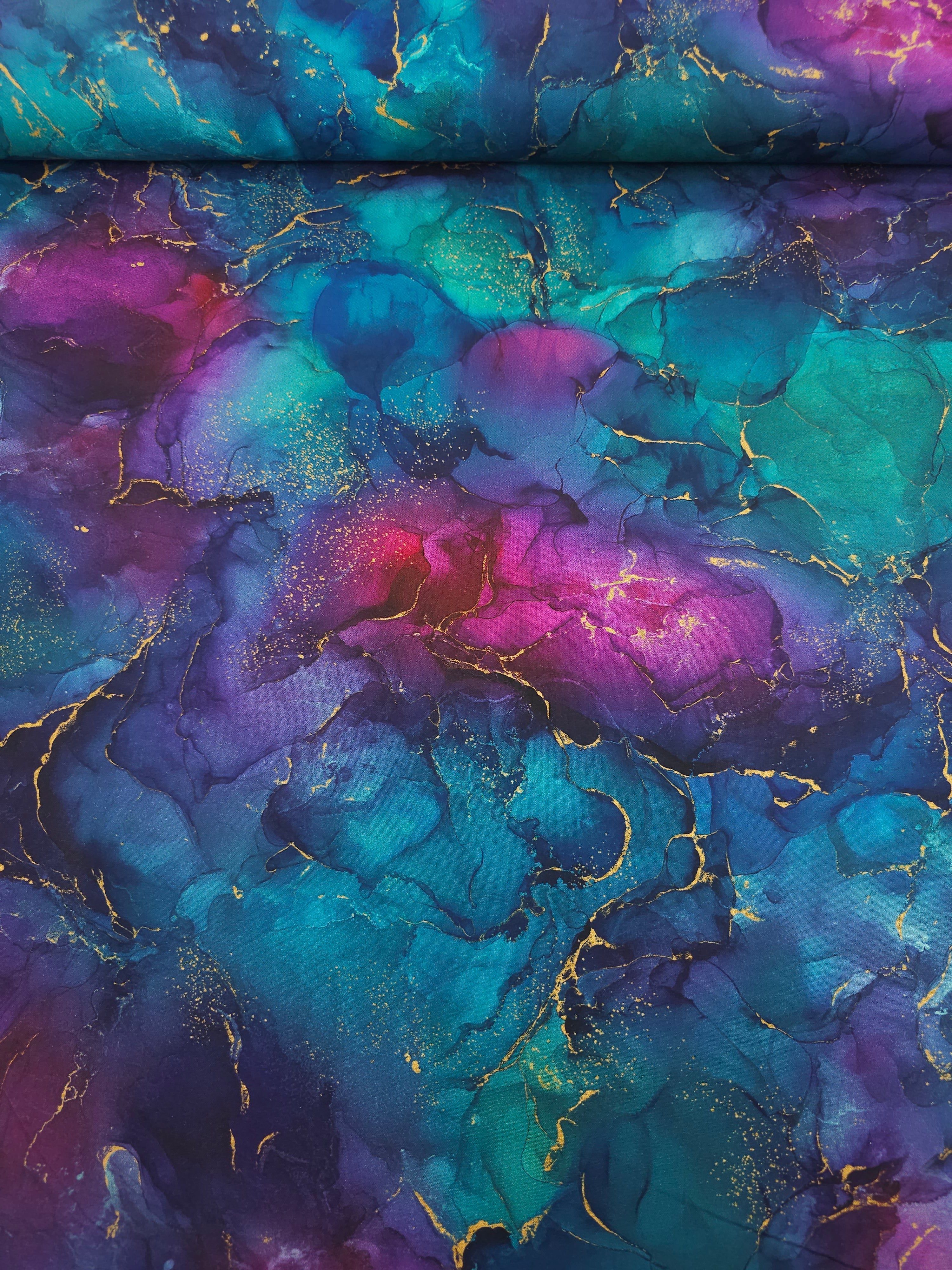 Magenta/Teal Gold Marble 100% Cotton 106" *EXTRA WIDE*