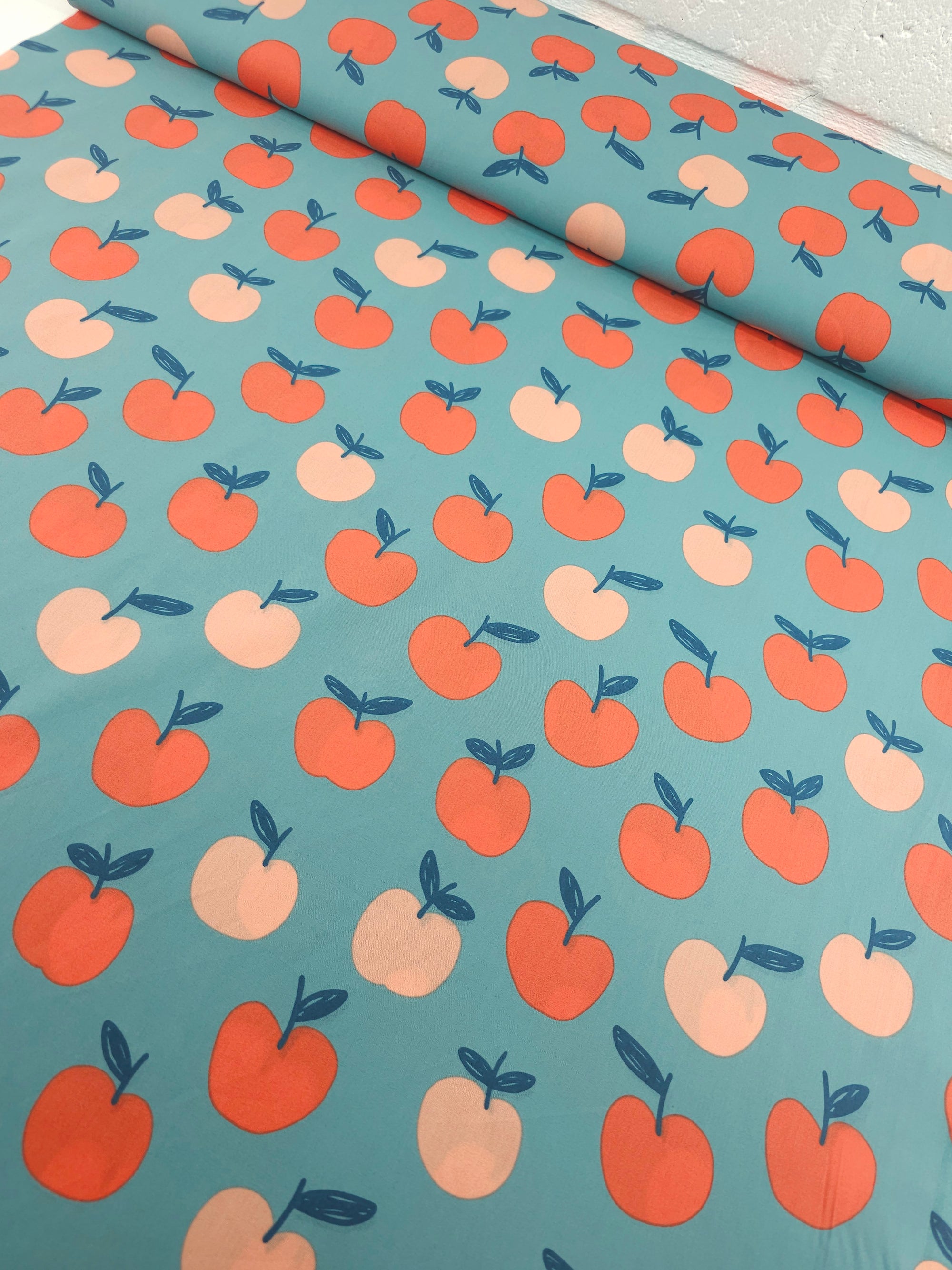 Aqua Blue Floating Apples 100% Cotton 60"