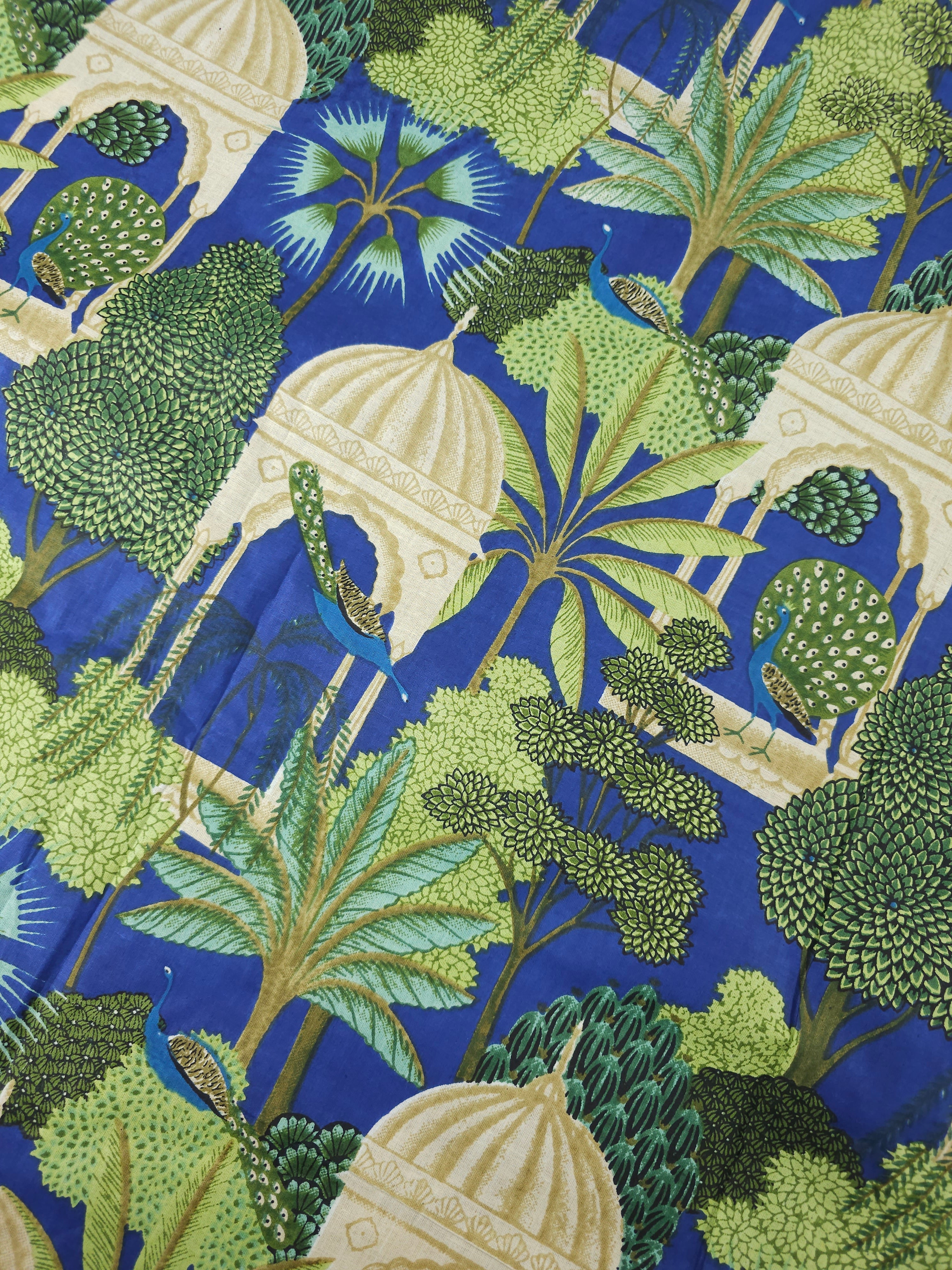 Cobalt Blue Peacock Pavilion Block Print Cotton