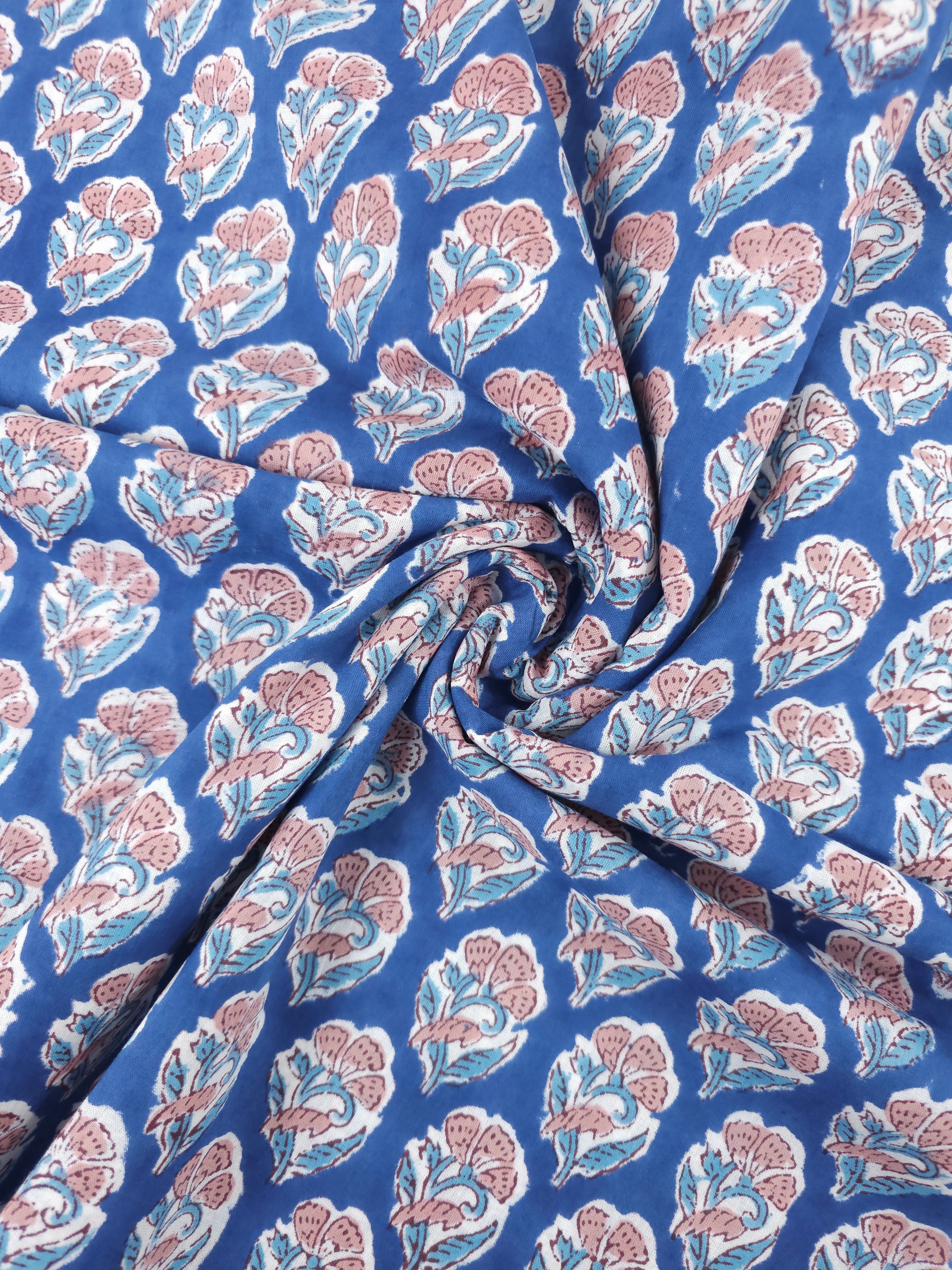Blue/Peach Floral Block Print Cotton