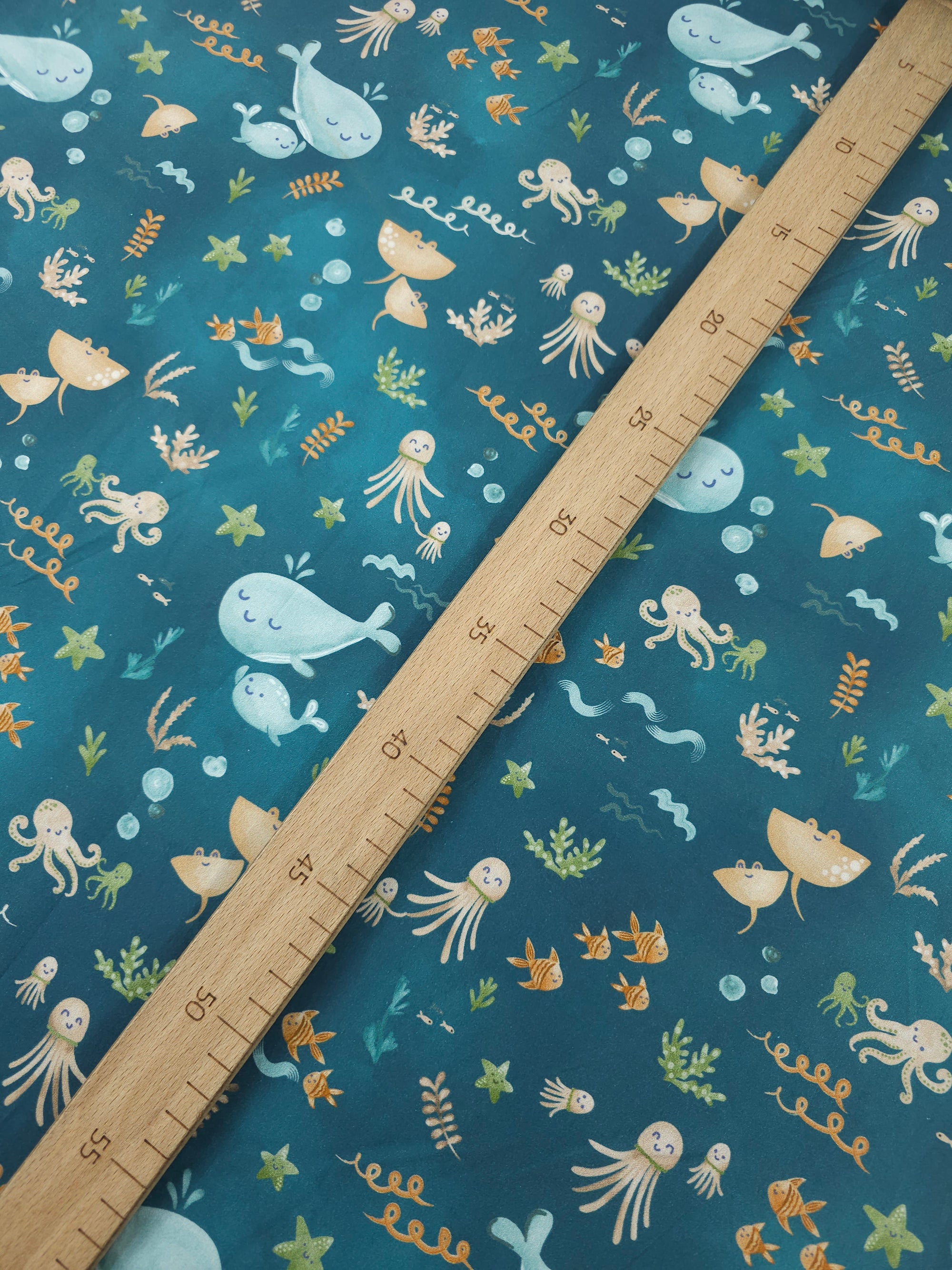 Teal Happy Sea Animals 100% Cotton 57"