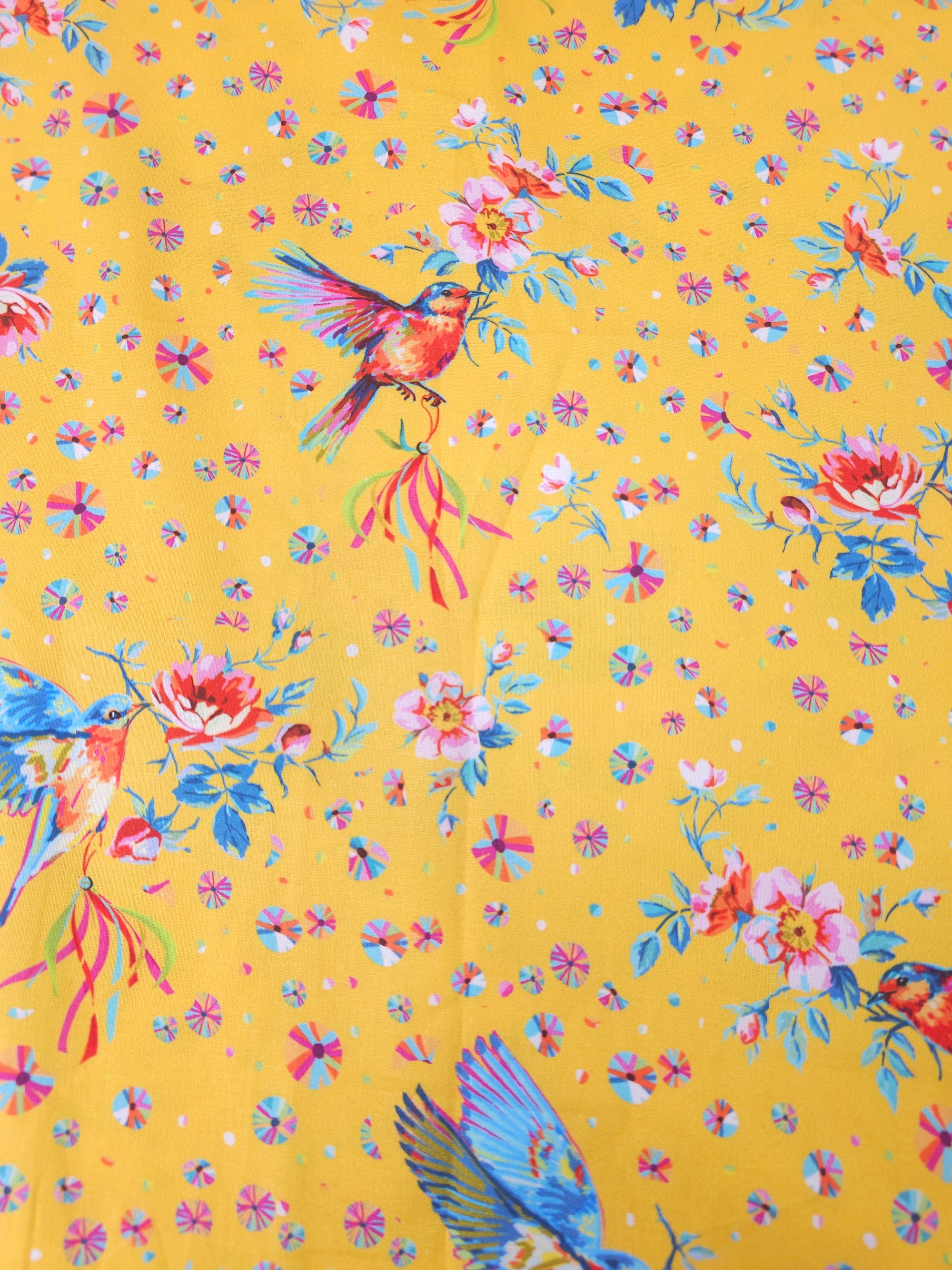 Warm Yellow Floral Hummingbird 100% Cotton - Odile Bailloeul