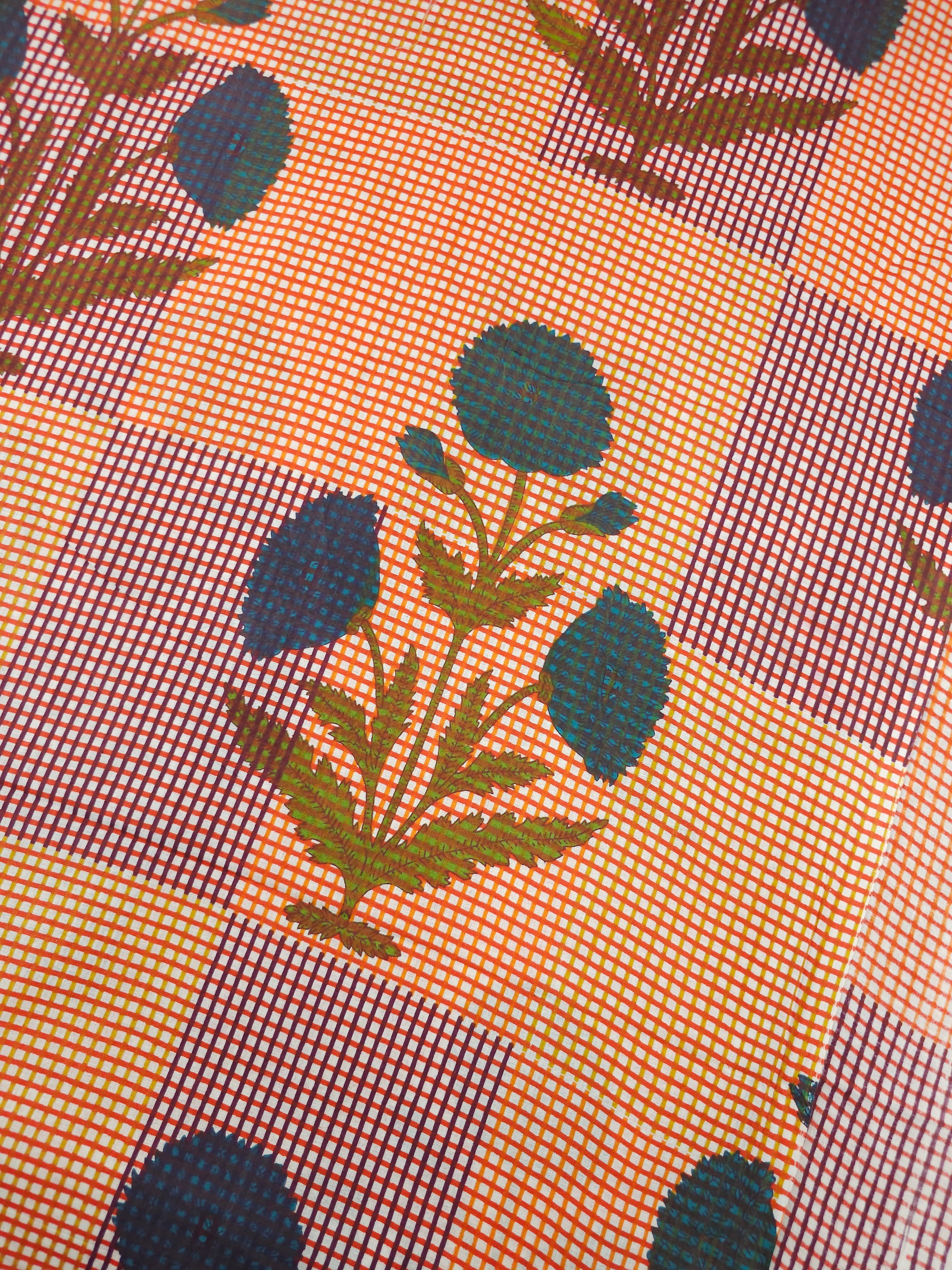 Orange/Wine Gingham Puff Flower Stem Cambric Cotton