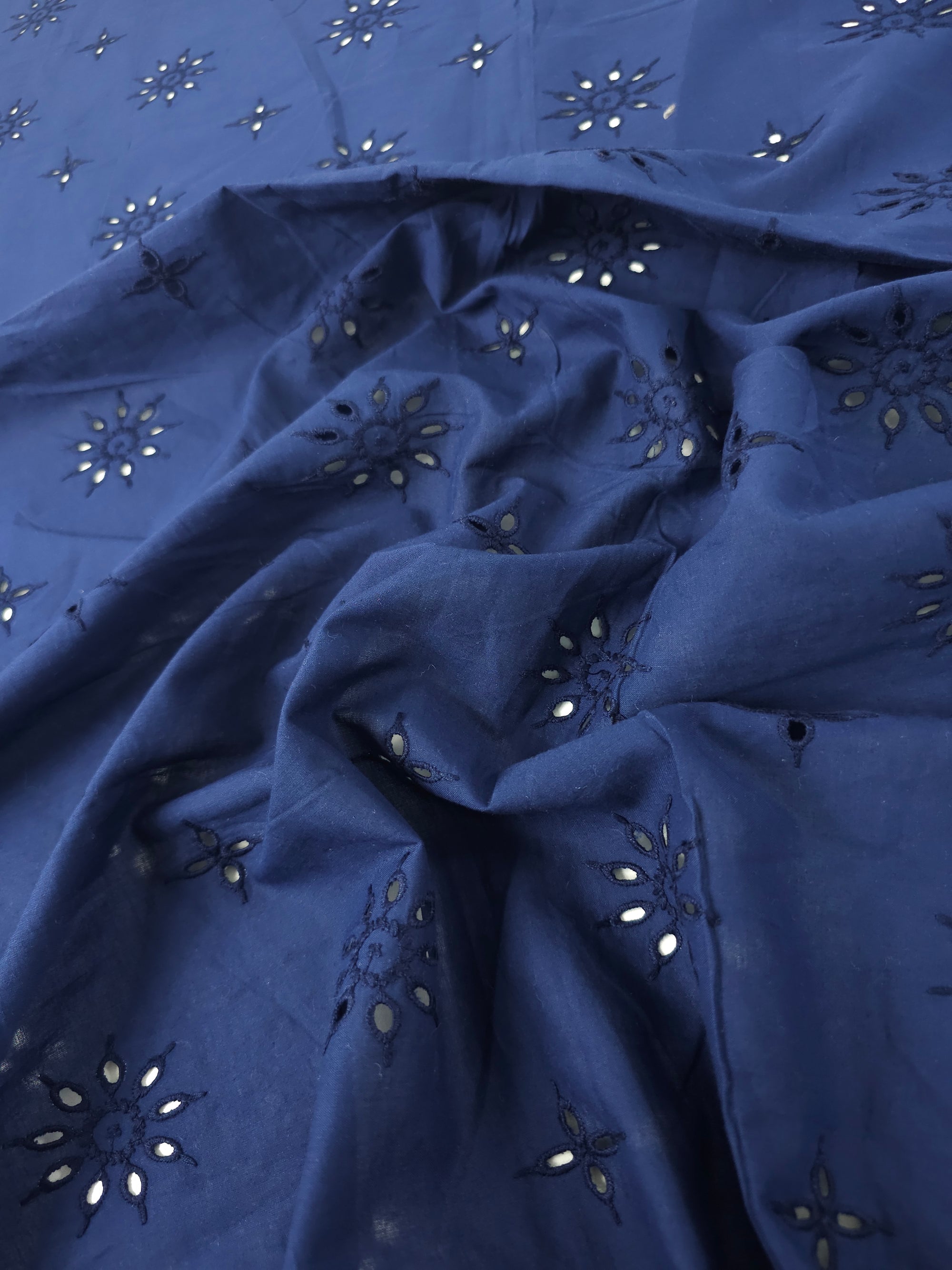 Navy Spark Flower Cambric Cotton Broderie Anglaise