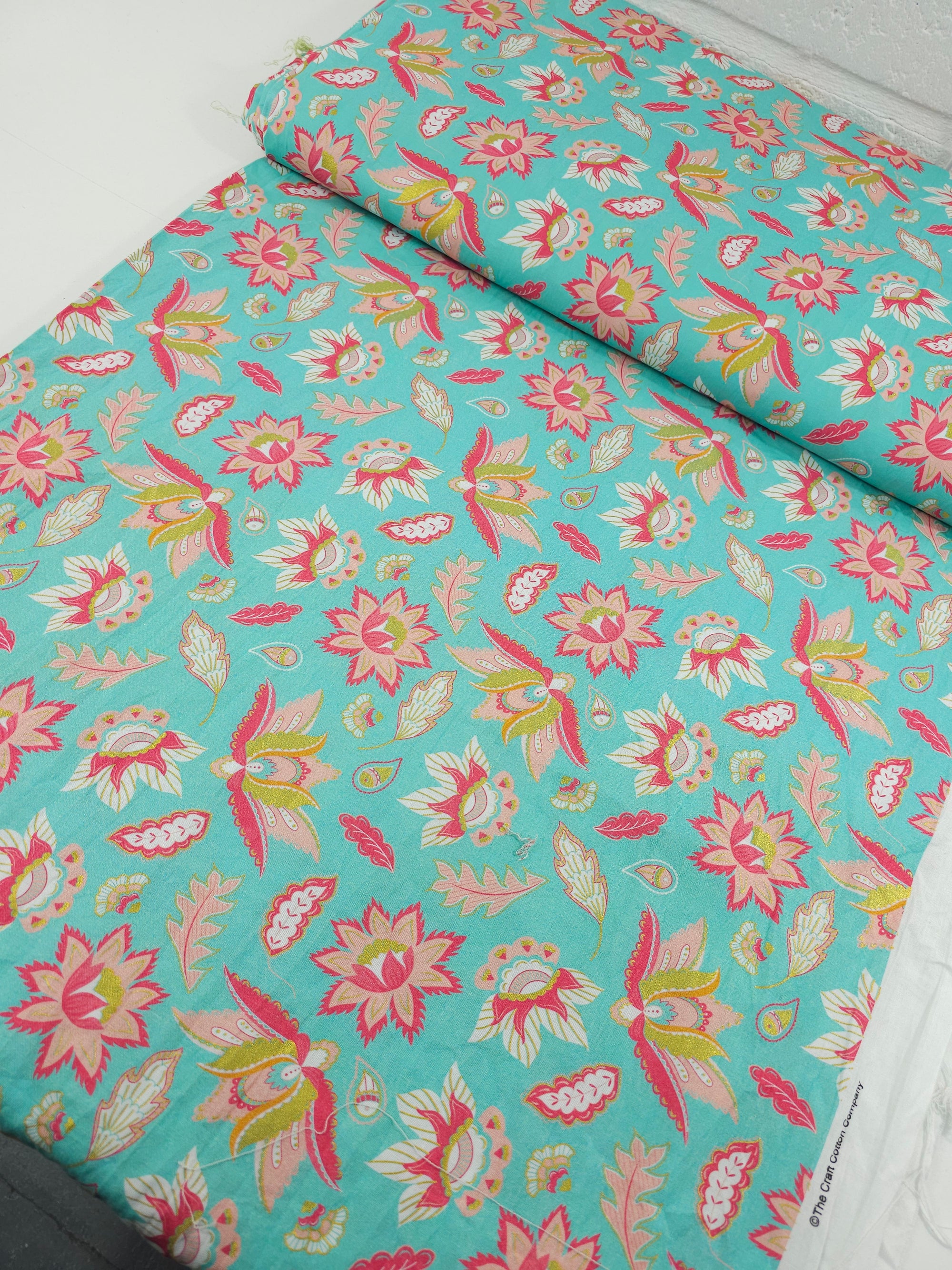 Turquoise/Pink Retro Floral 100% Cotton