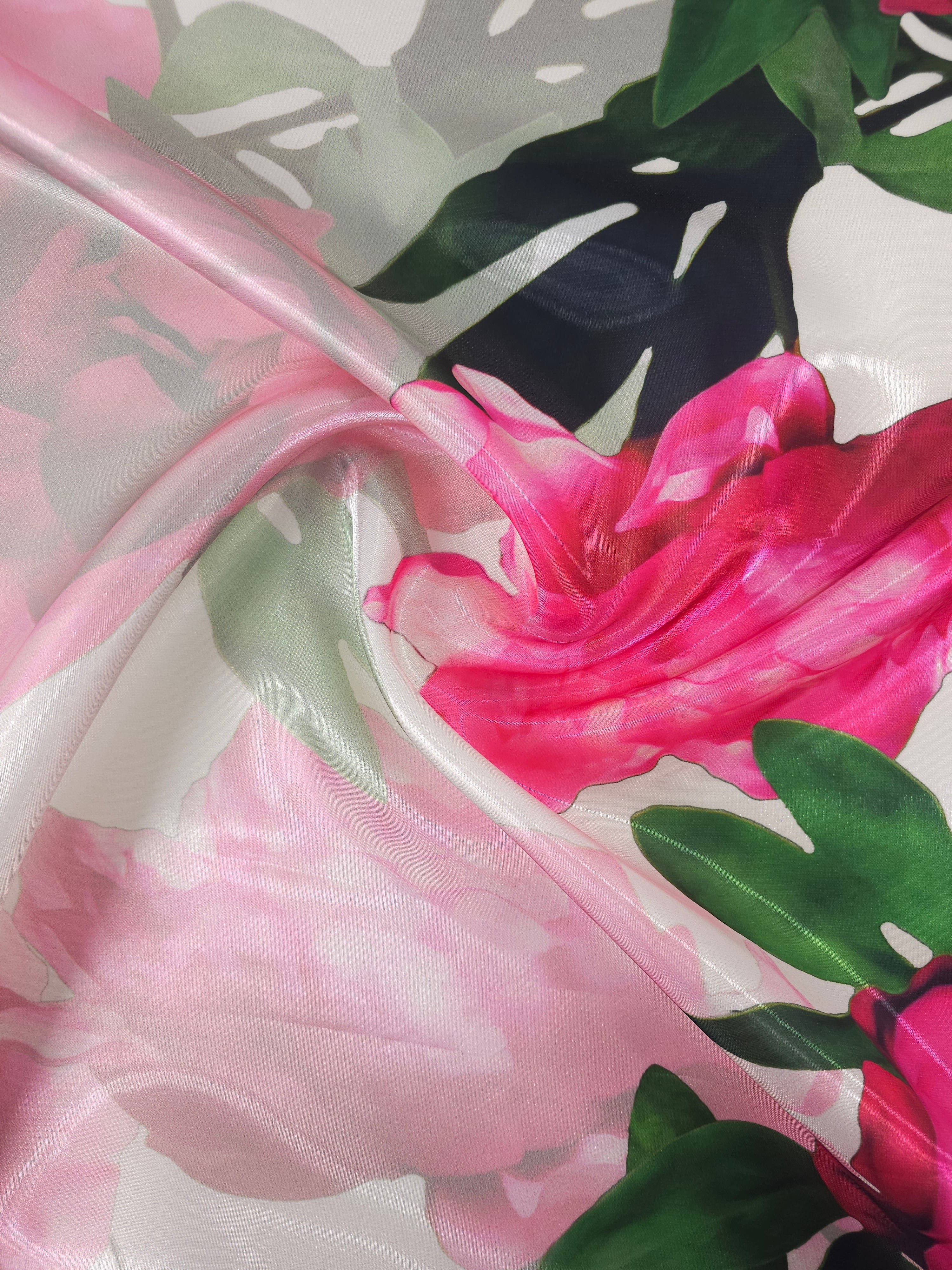 Hot Pink Large Mirror Floral Wet Look Satin (Various Sizes)