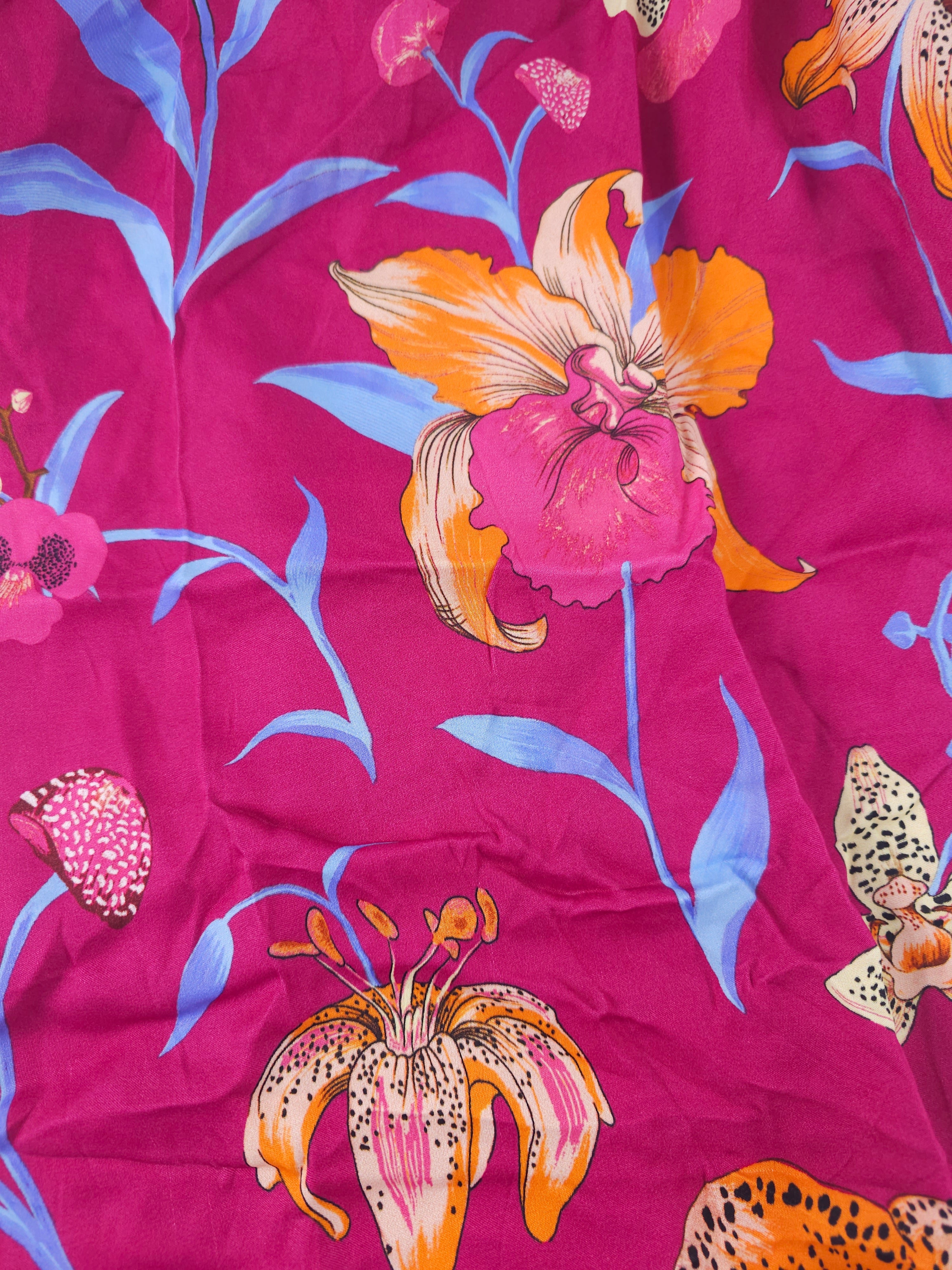 Fuscia hawaiin flower Viscose sateen- 1m piece