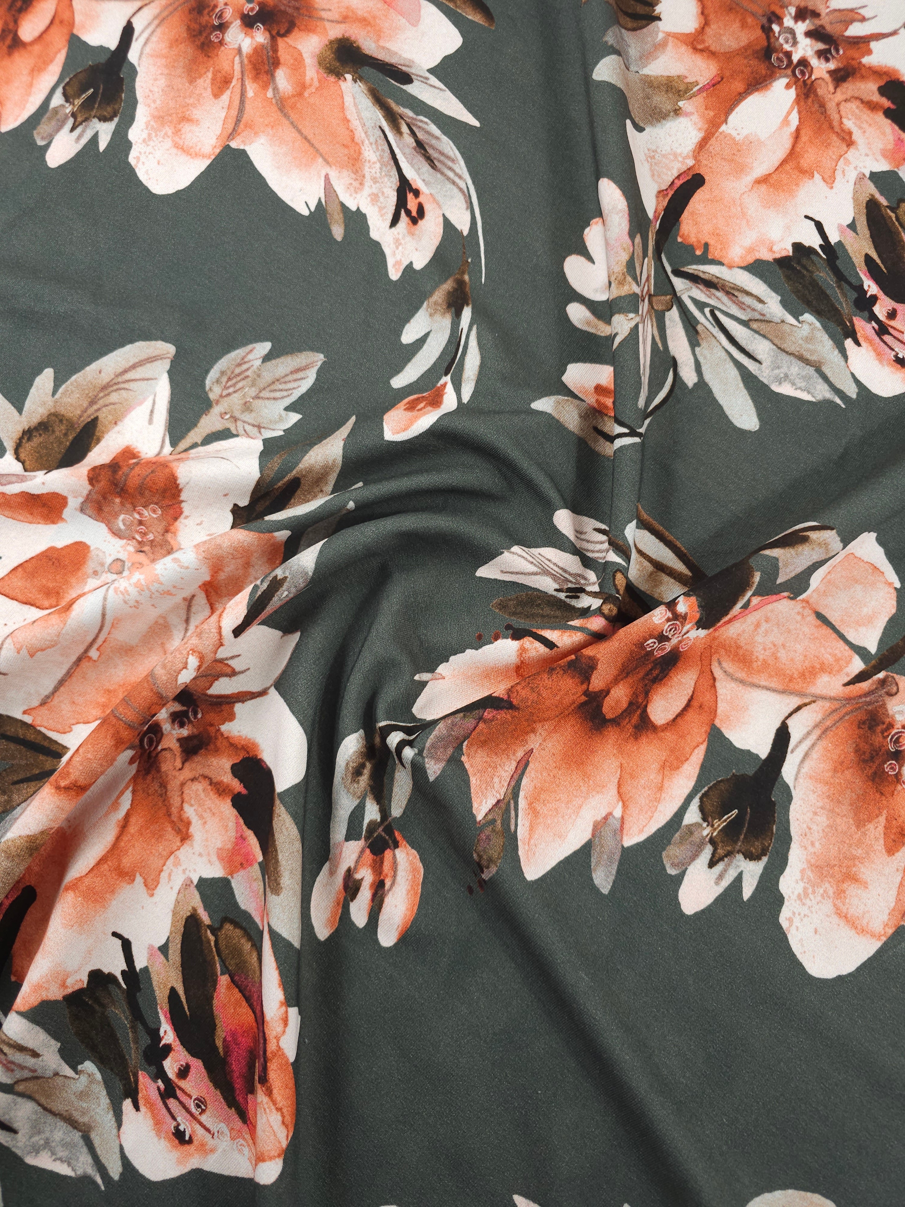 Pine/Rust Retro Watercolour Floral Lightweight Cotton Loopback