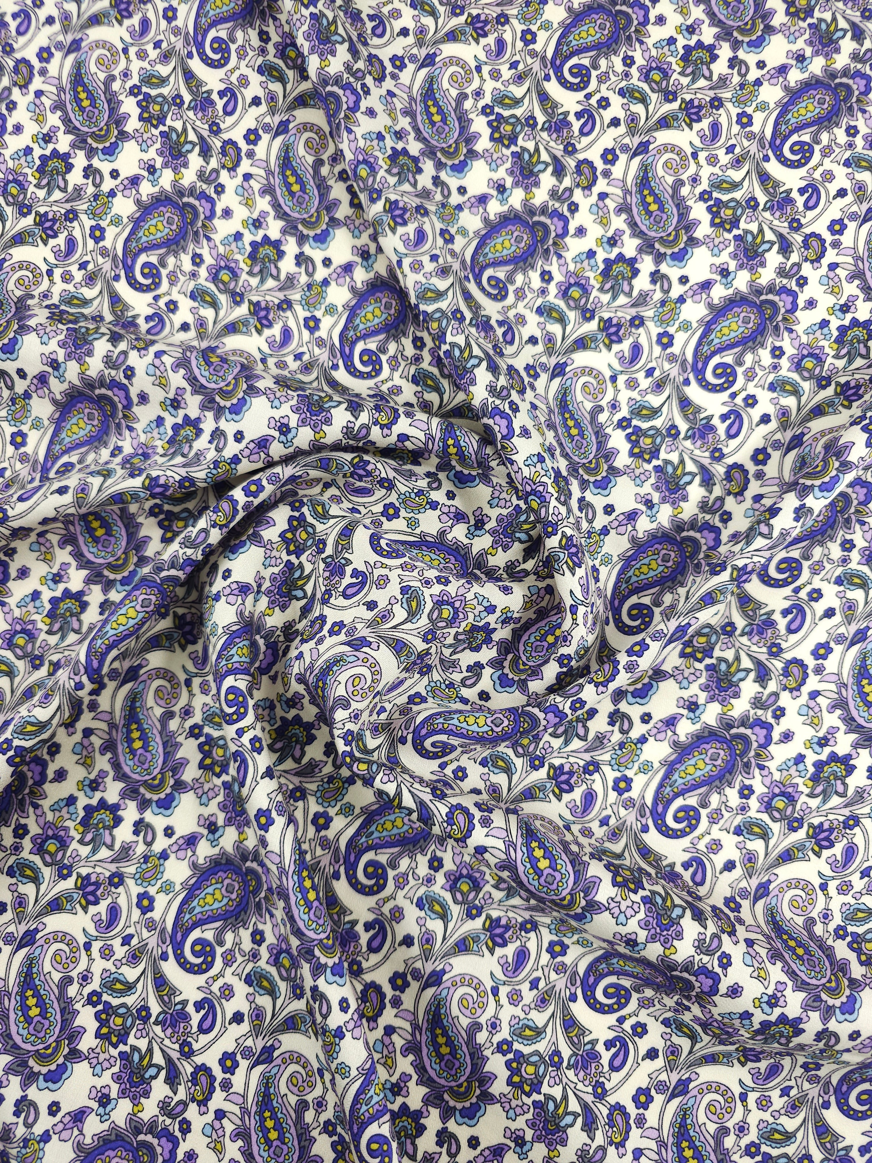 Purple/Cream Ditsy Paisley Twine Viscose Satin