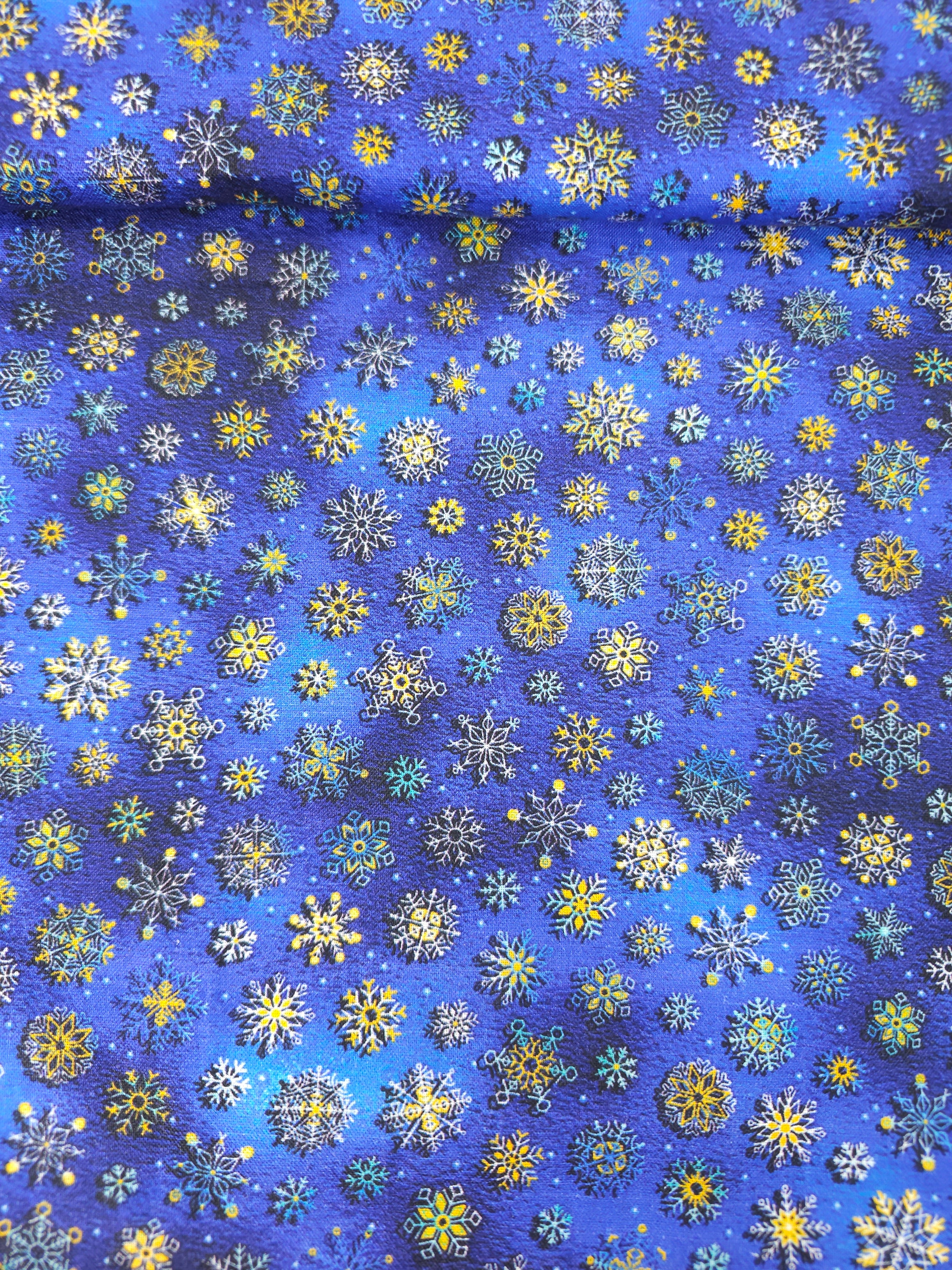 Blue/Gold Snowflakes 100% Cotton