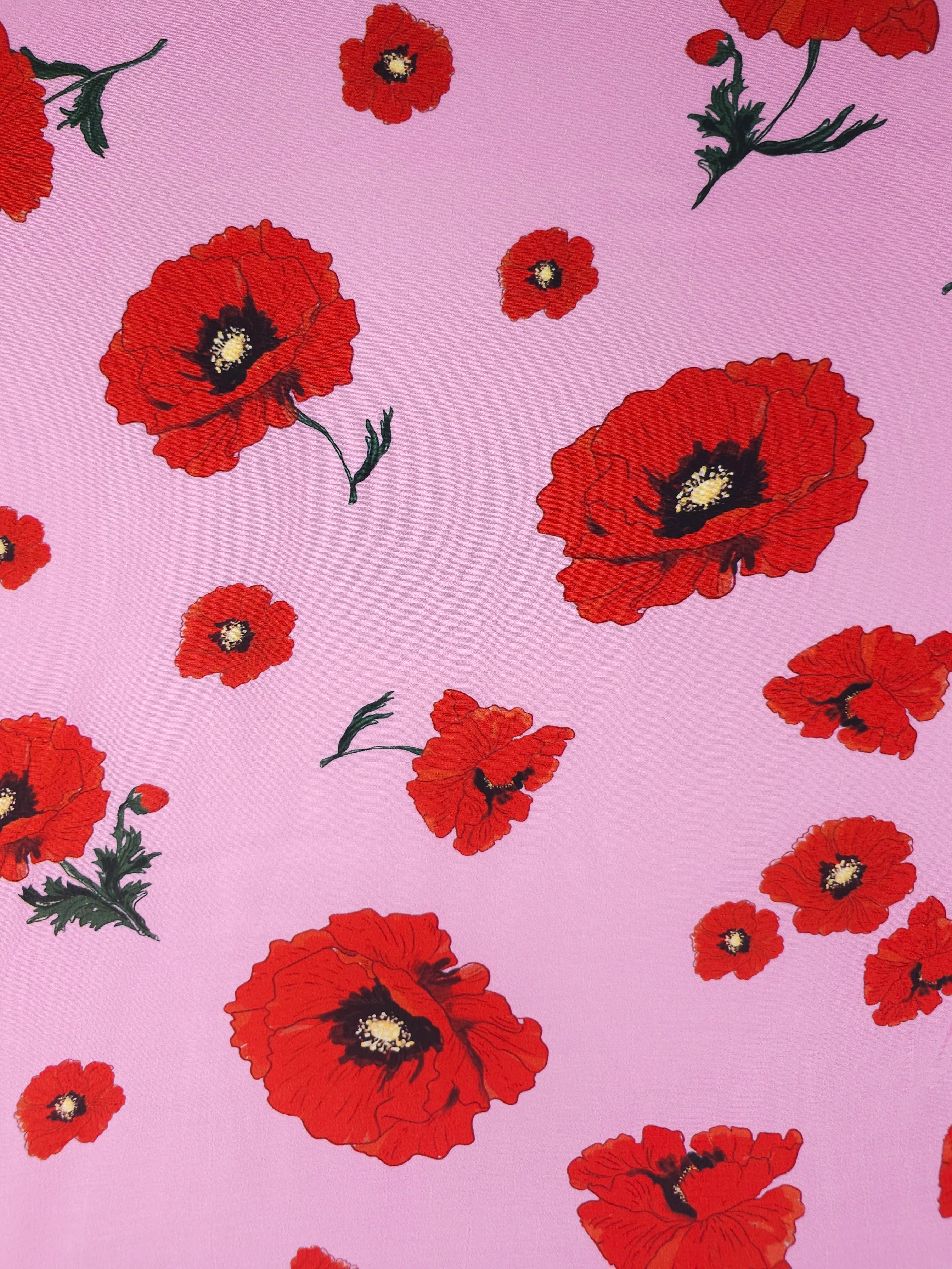 Pink/Red Poppy Floral Viscose Crepe *DEFECT*