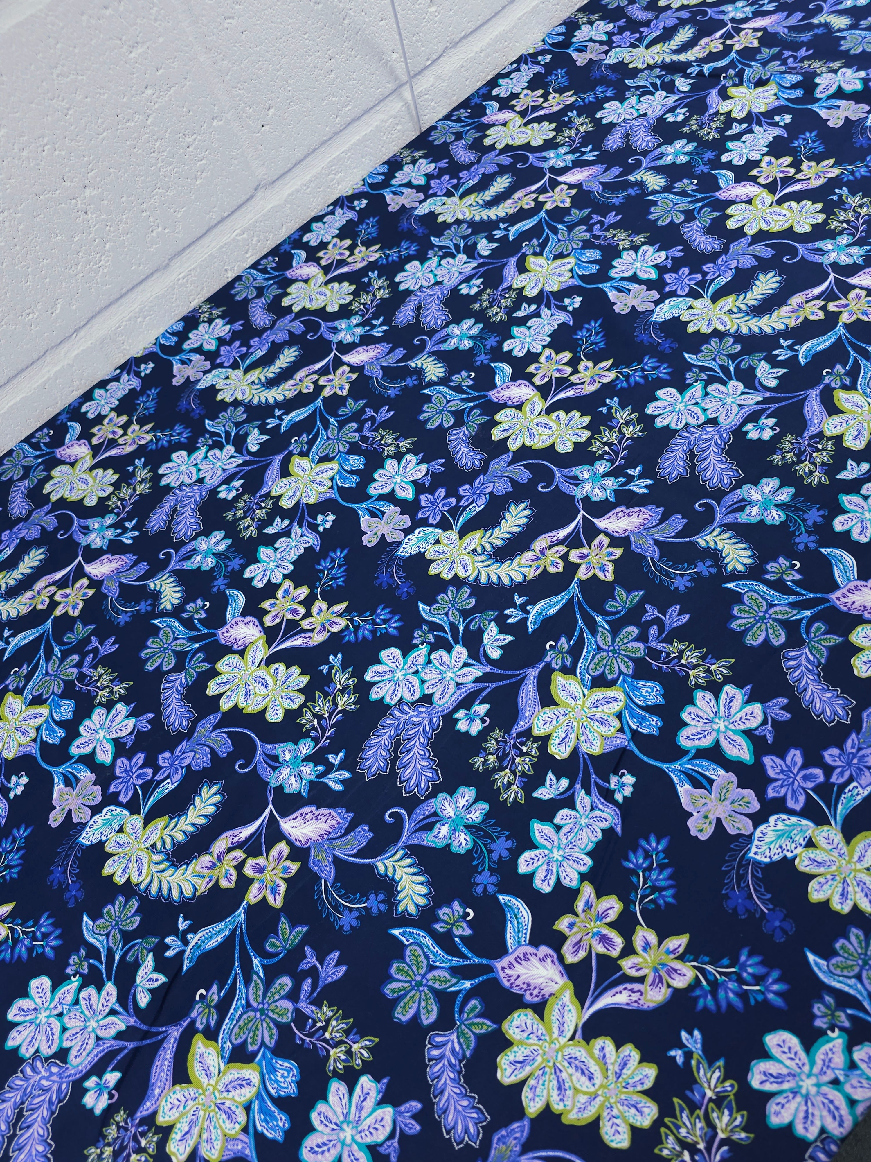 Indigo/Lime Floral Fantasy Lightweight Cotton Sateen Twill