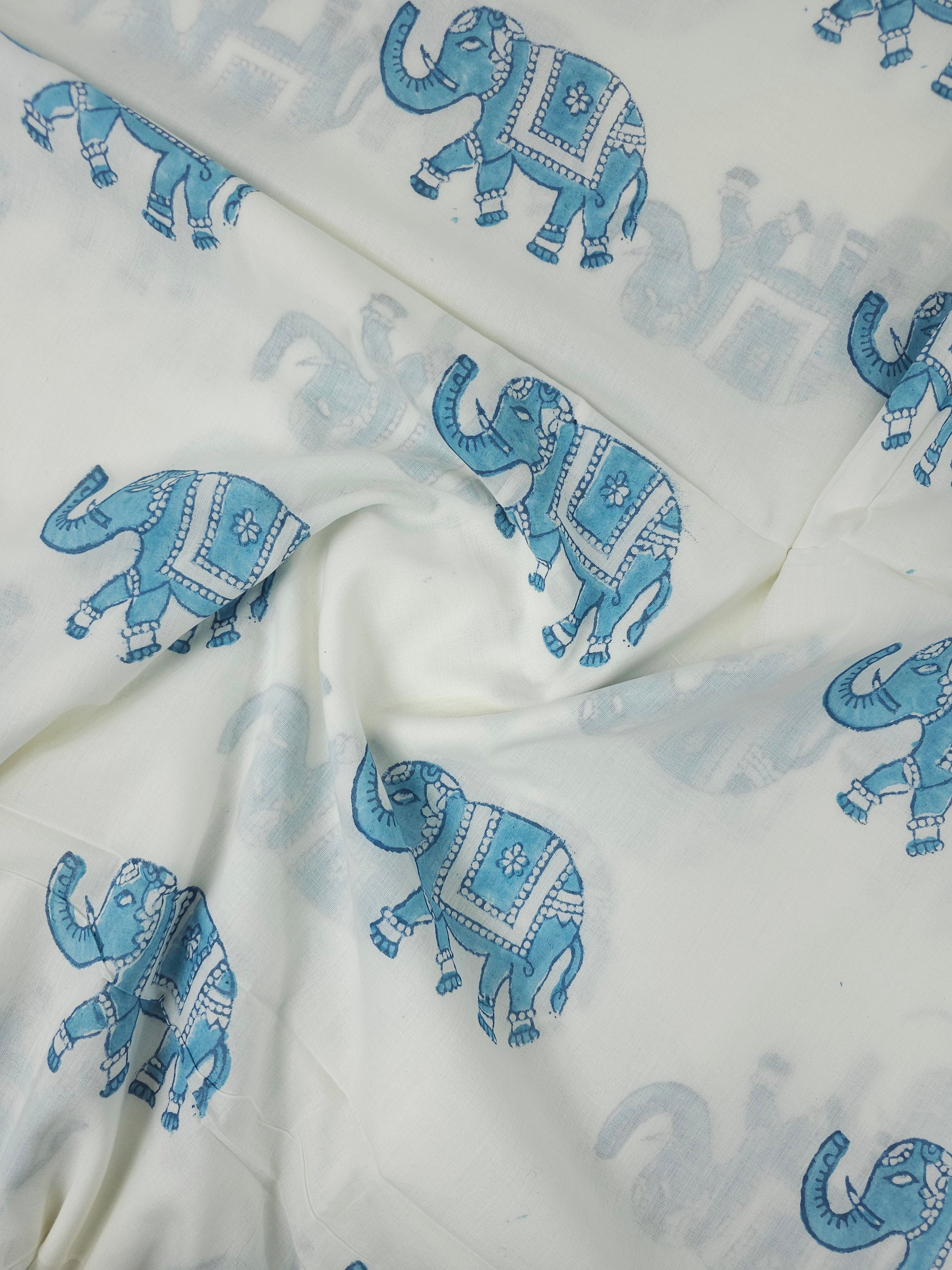 Light Blue/White Elephant Block Print Cotton