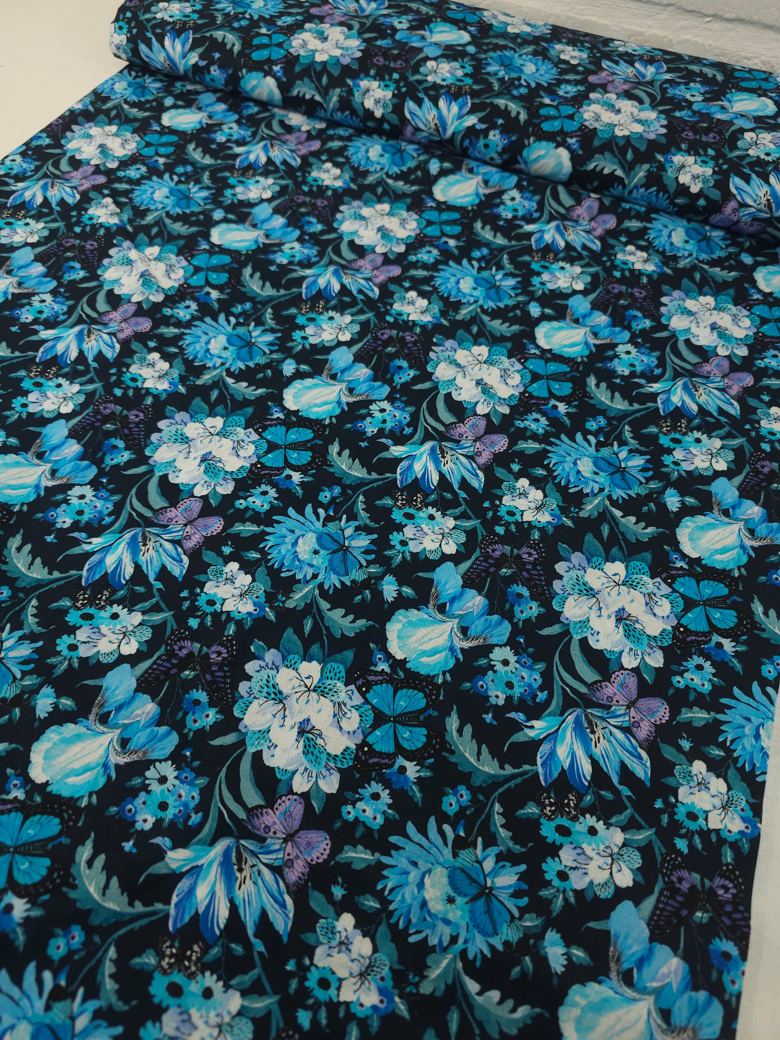 Blue/Purple Midnight Butterfly Floral 100% Cotton