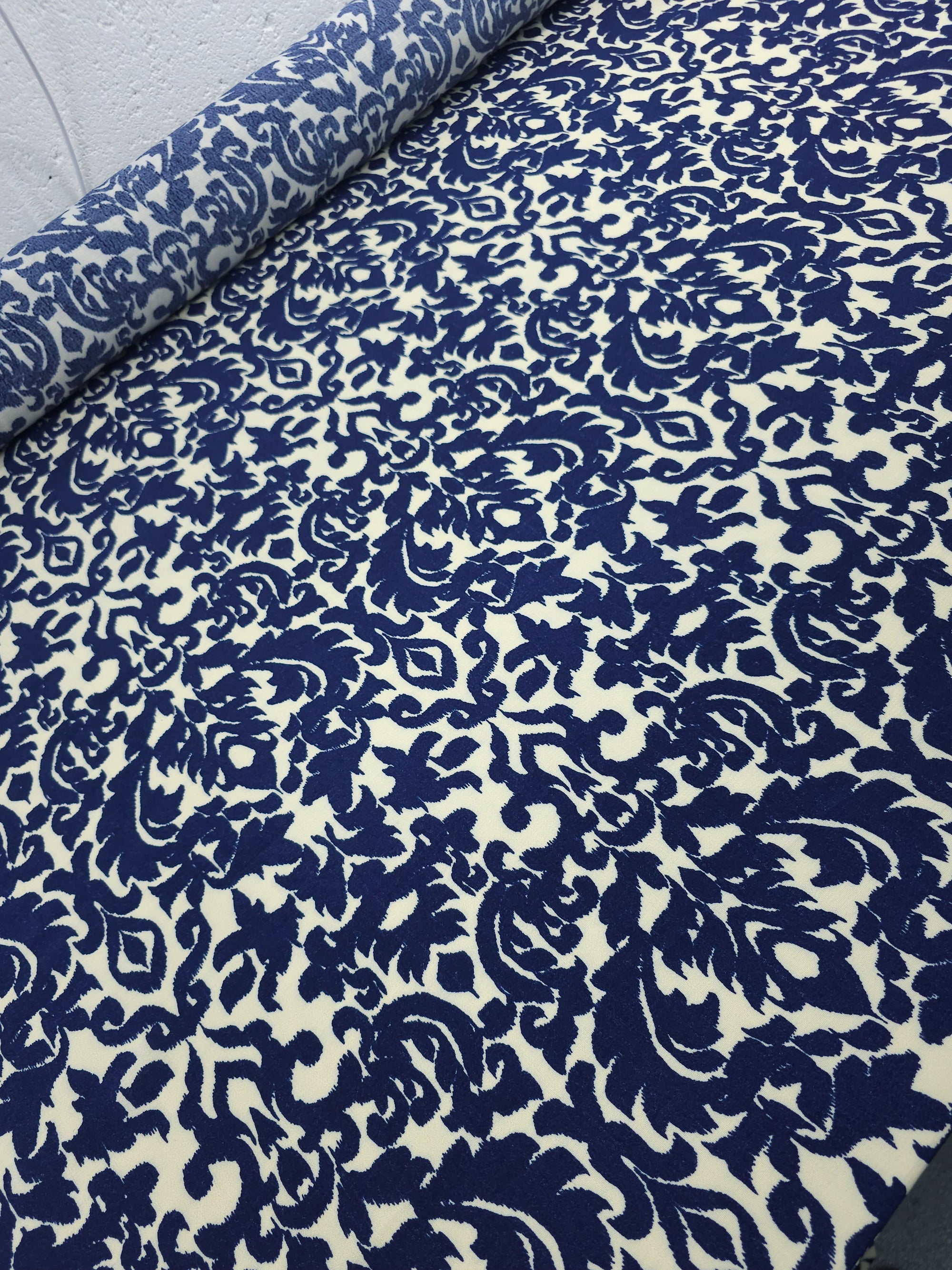 Navy/Cream Damask Viscose Crepe