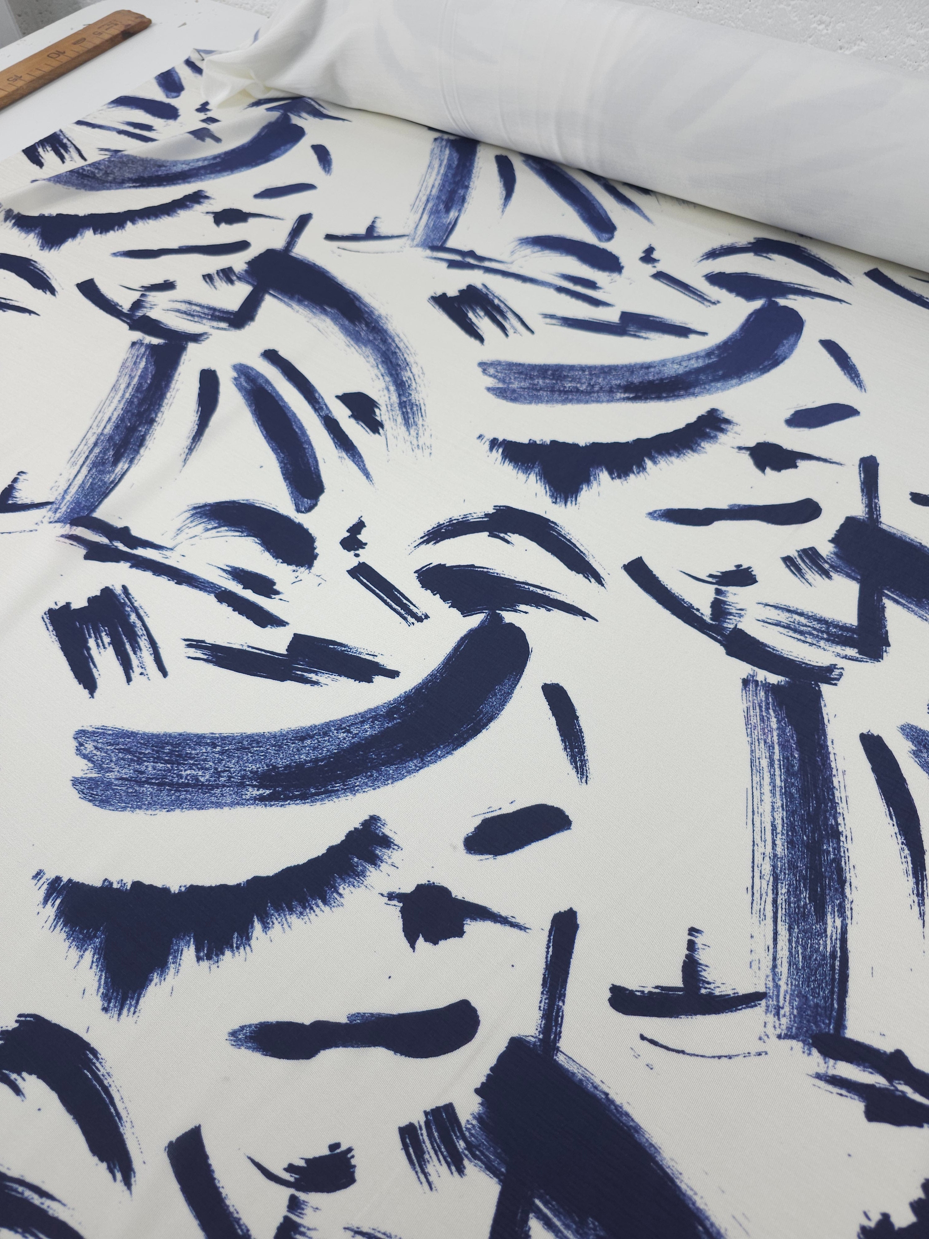 Indigo Abstract Brushstroke Slinky Rayon Jersey