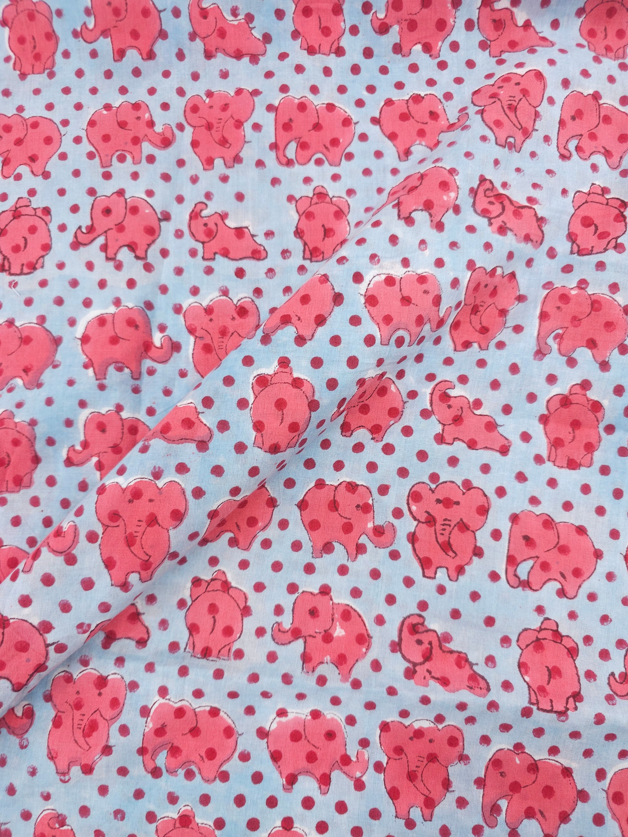 Guava Pink/Blue Polka Baby Elephant Block Print Cotton