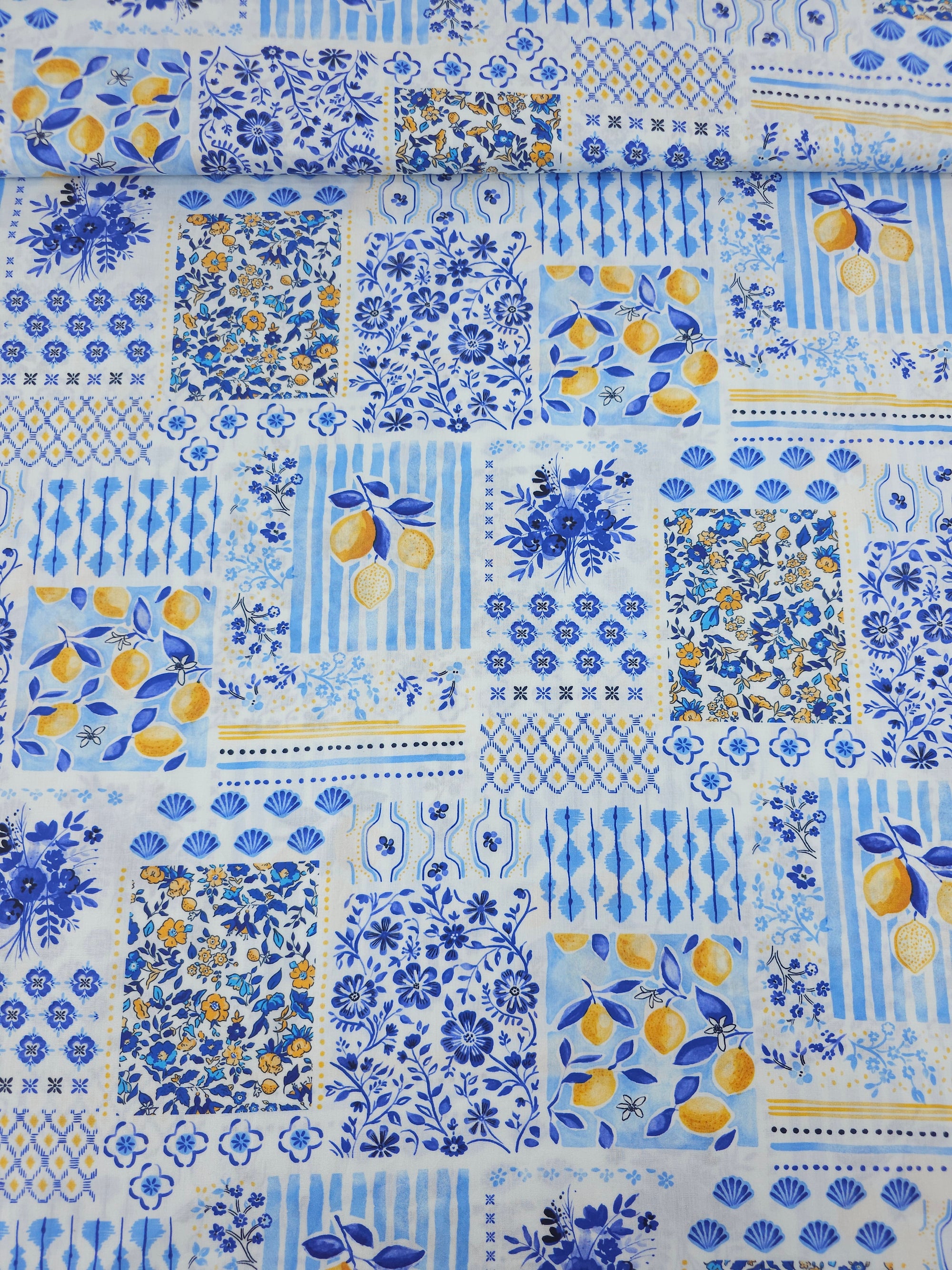 Blue Mediterannean Lemon Tile Lightweight Cotton 57"