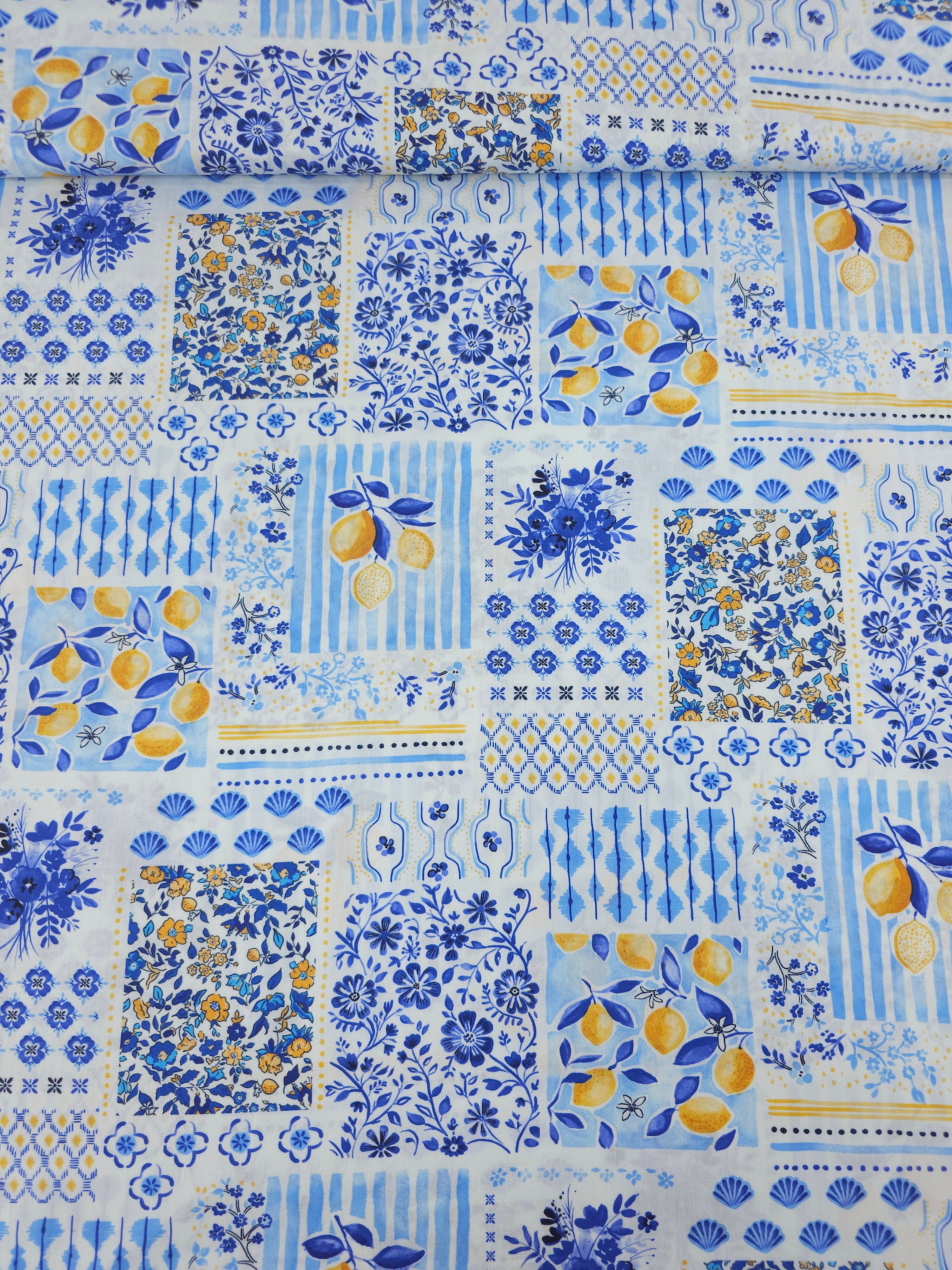 Blue Mediterannean Lemon Tile Lightweight Cotton 57"