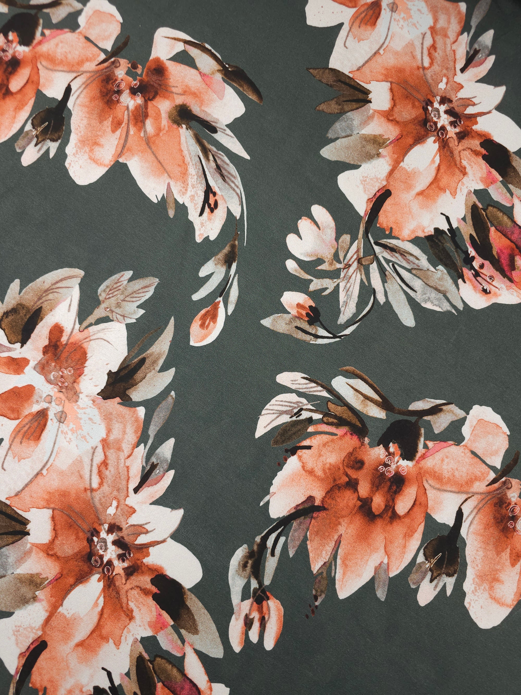 Pine/Rust Retro Watercolour Floral Lightweight Cotton Loopback