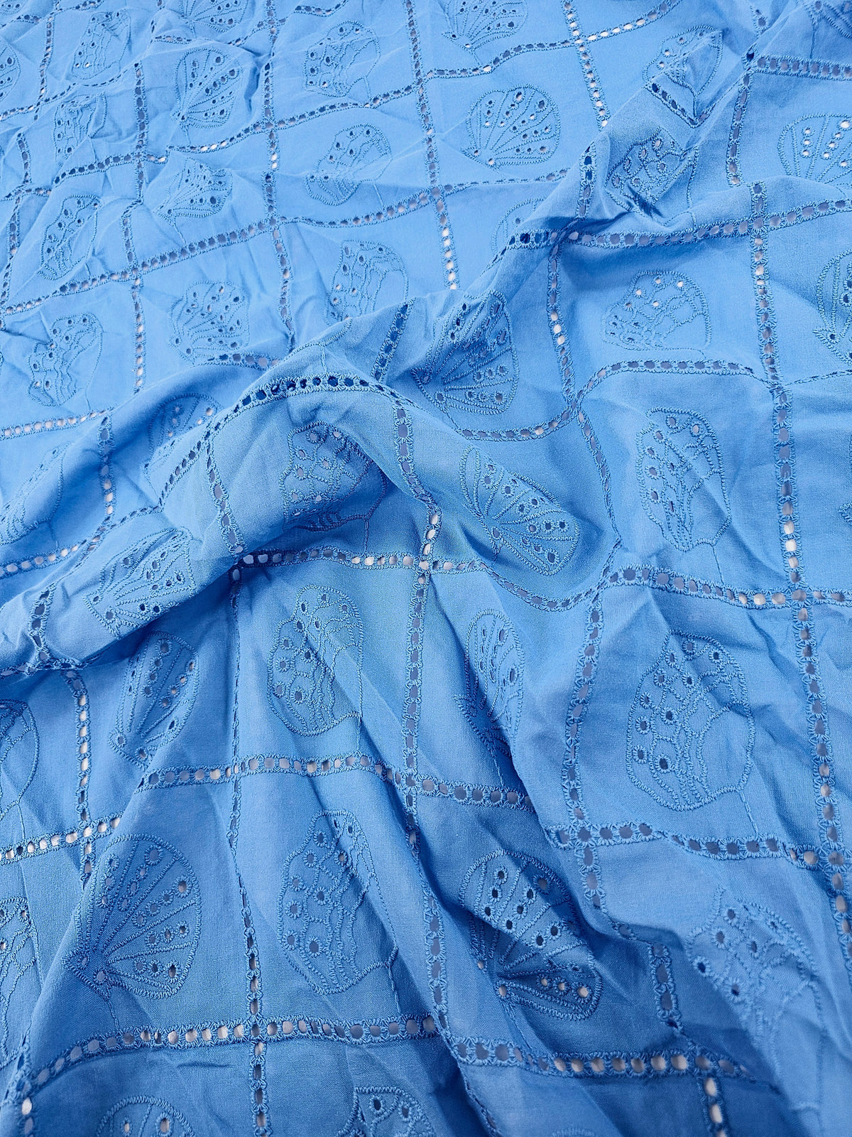 Soft Blue Shell Grid Lightweight Cotton Broderie Anglaise