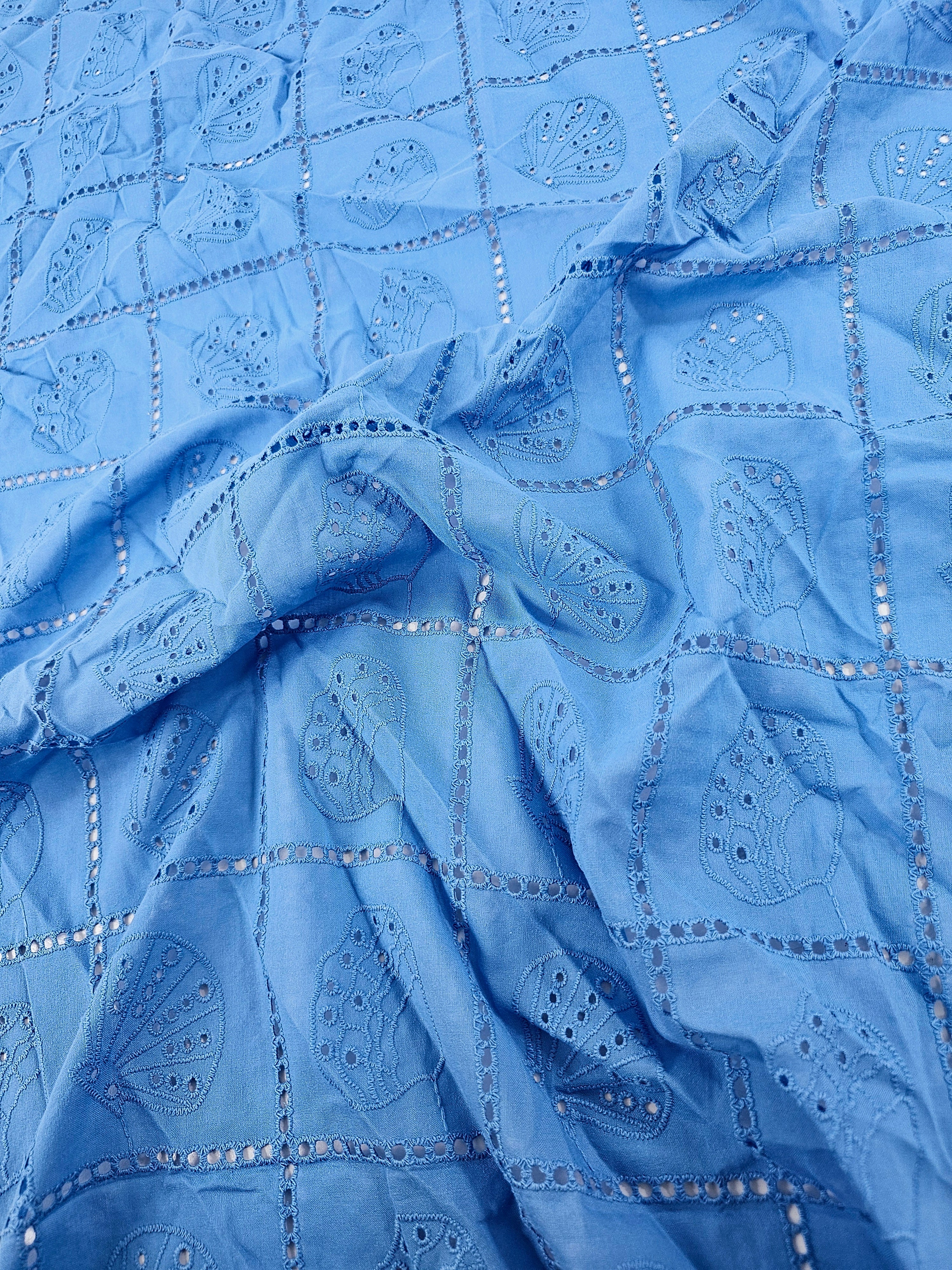 Soft Blue Shell Grid Lightweight Cotton Broderie Anglaise
