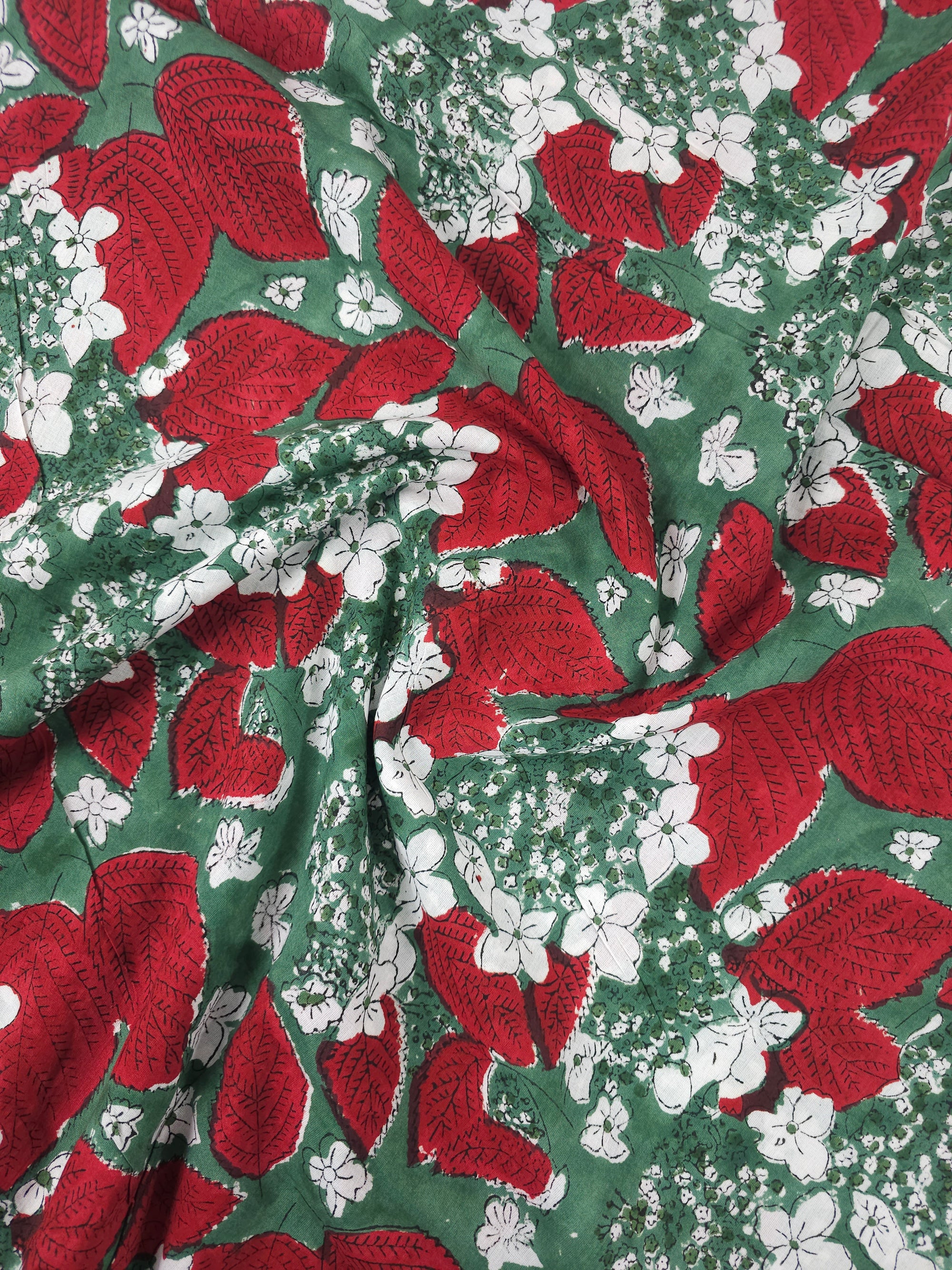 Green/Garnet Red Blossom Leaf Block Print Cotton