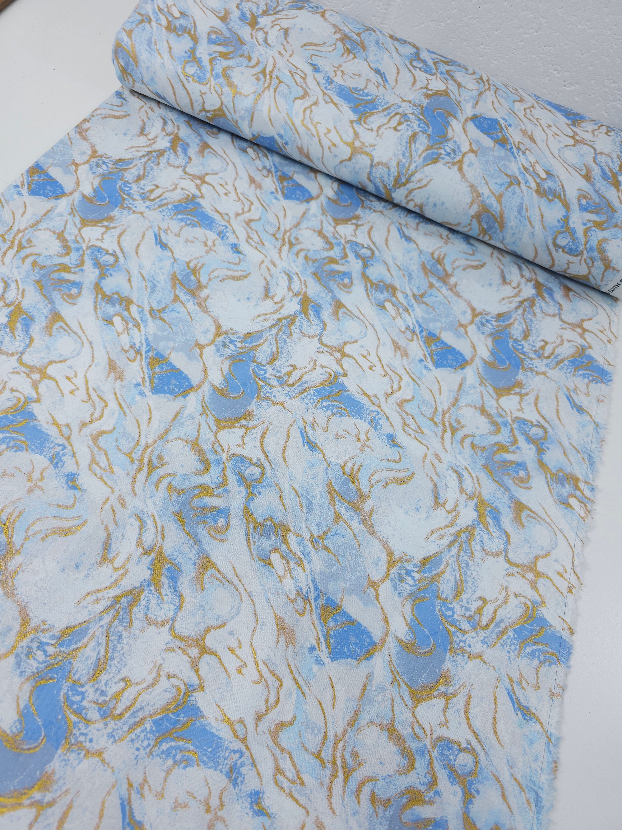 Light Blue/Gold Washed Marble 100% Cotton - Benartex