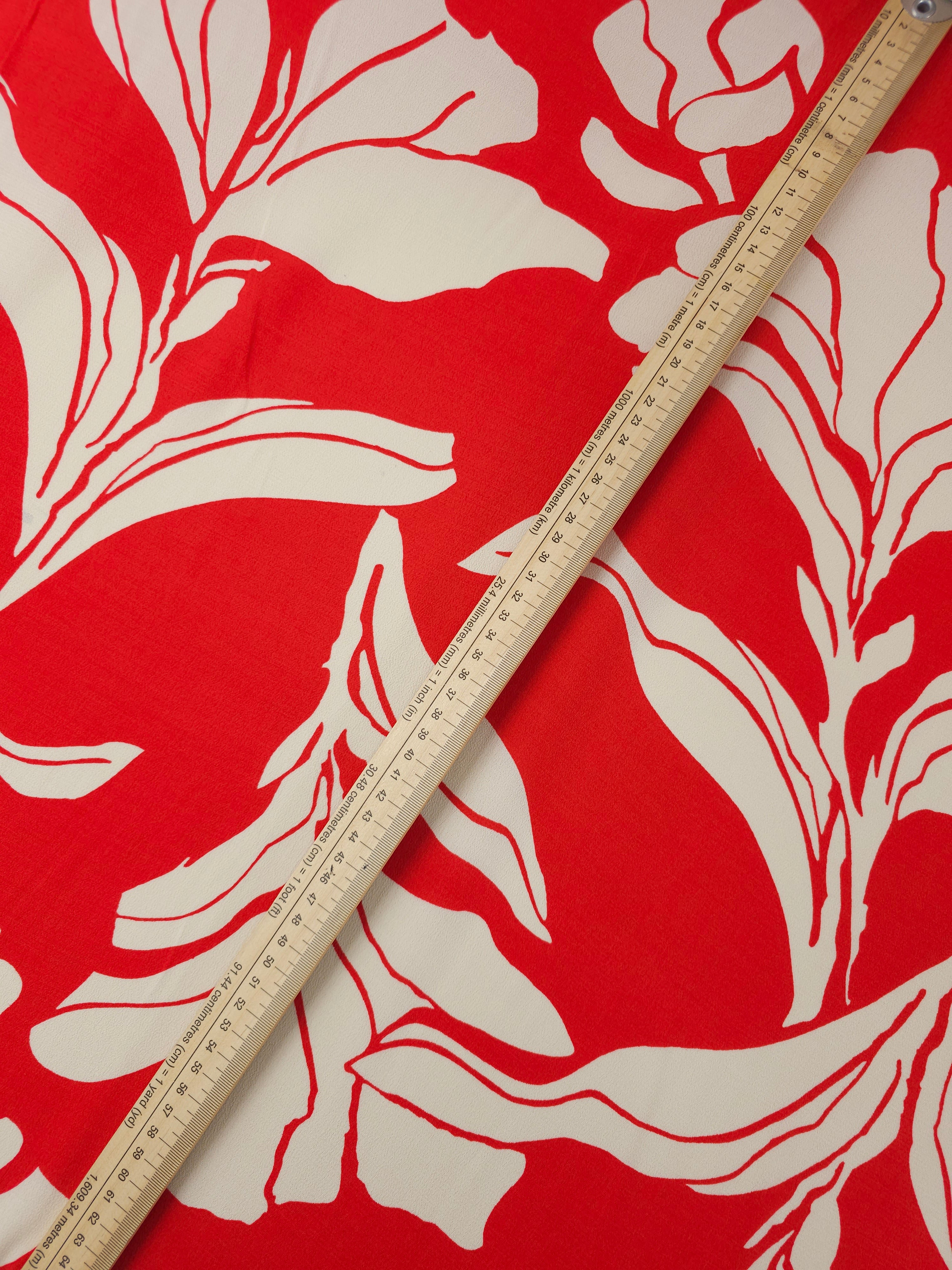 Red/Cream Large Flower Stem Viscose Crepe