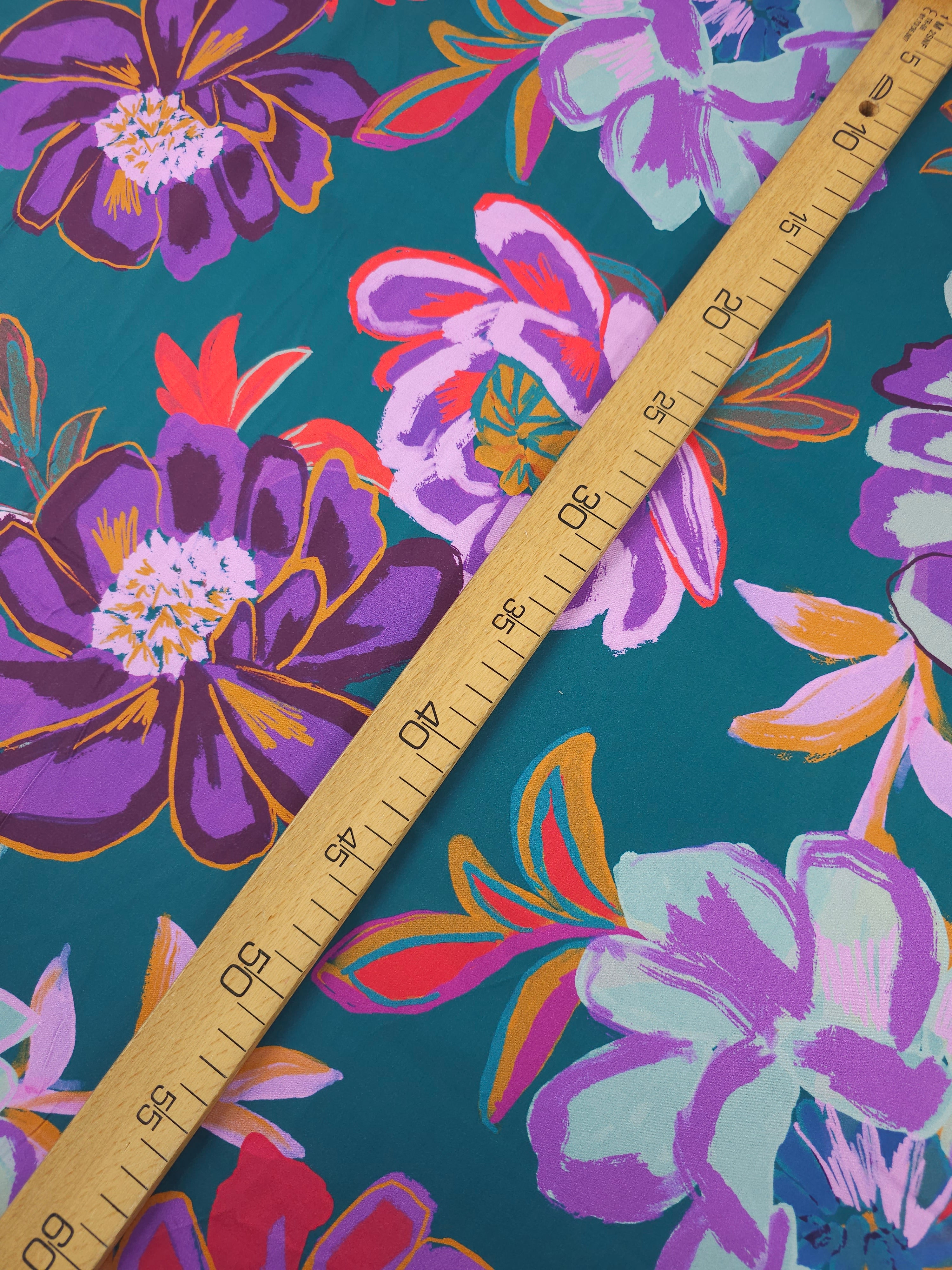 Teal/Purple Large Watercolour Floral Cotton Satin 60"