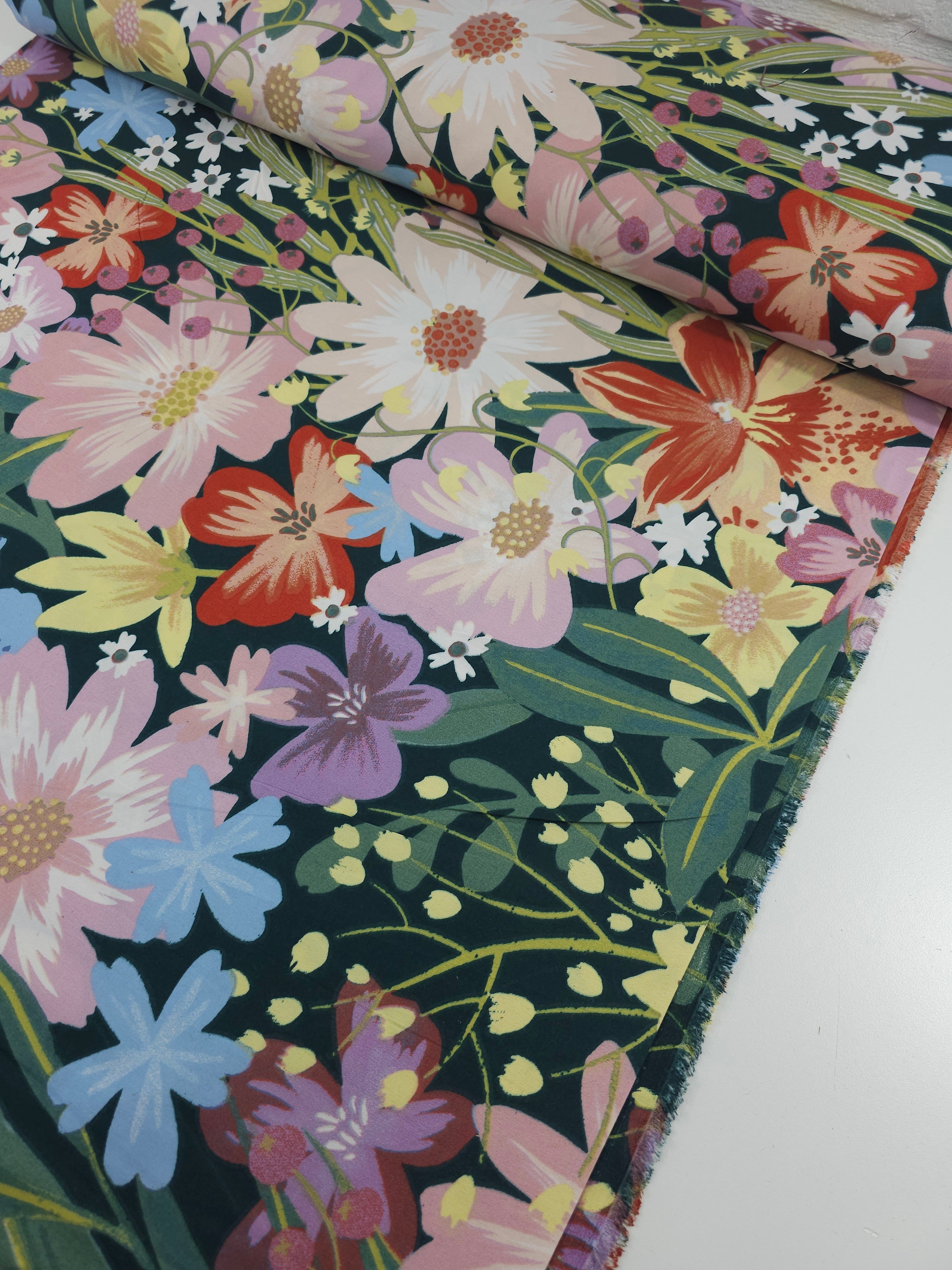 Bottle Green Large Meadow Floral 100% Cotton 98"