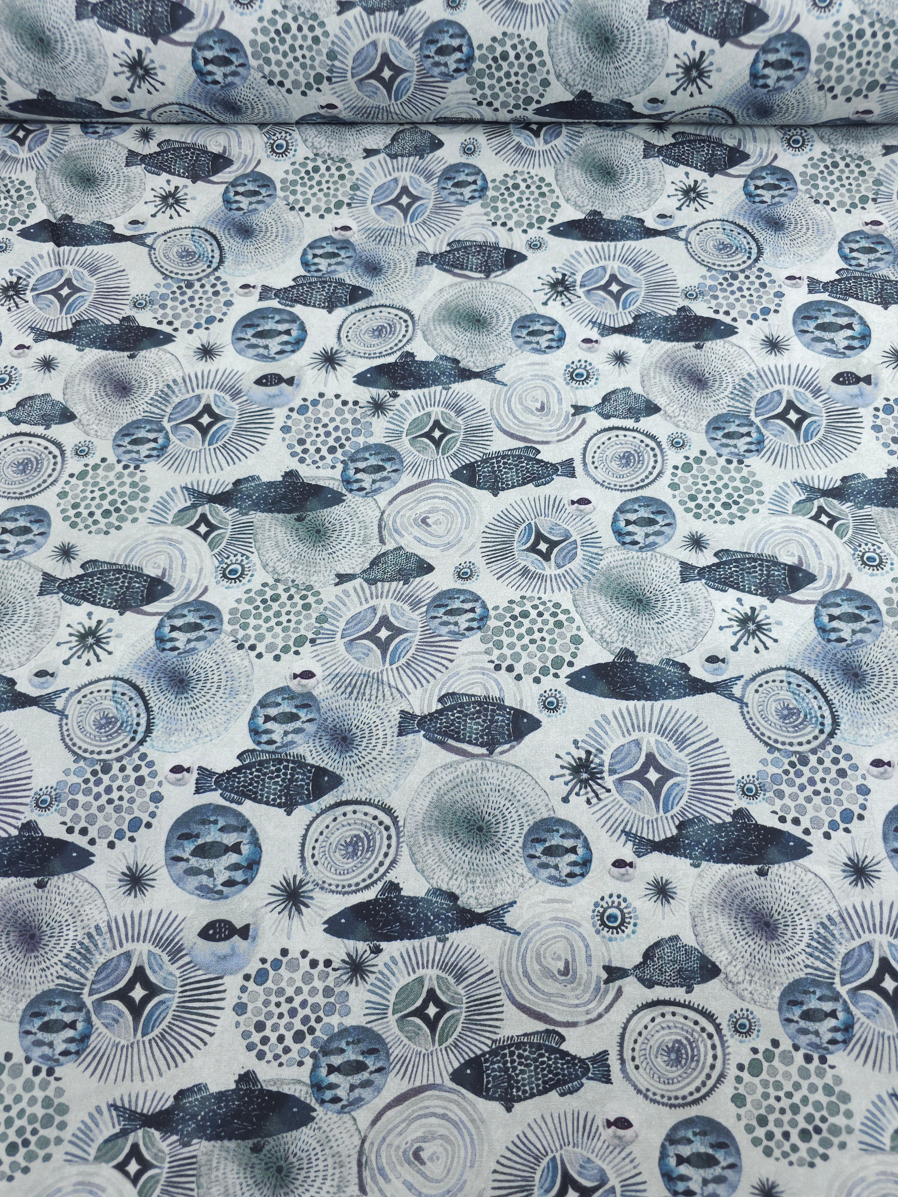Bluey Grey Abstract Fish Spirals 100% Cotton