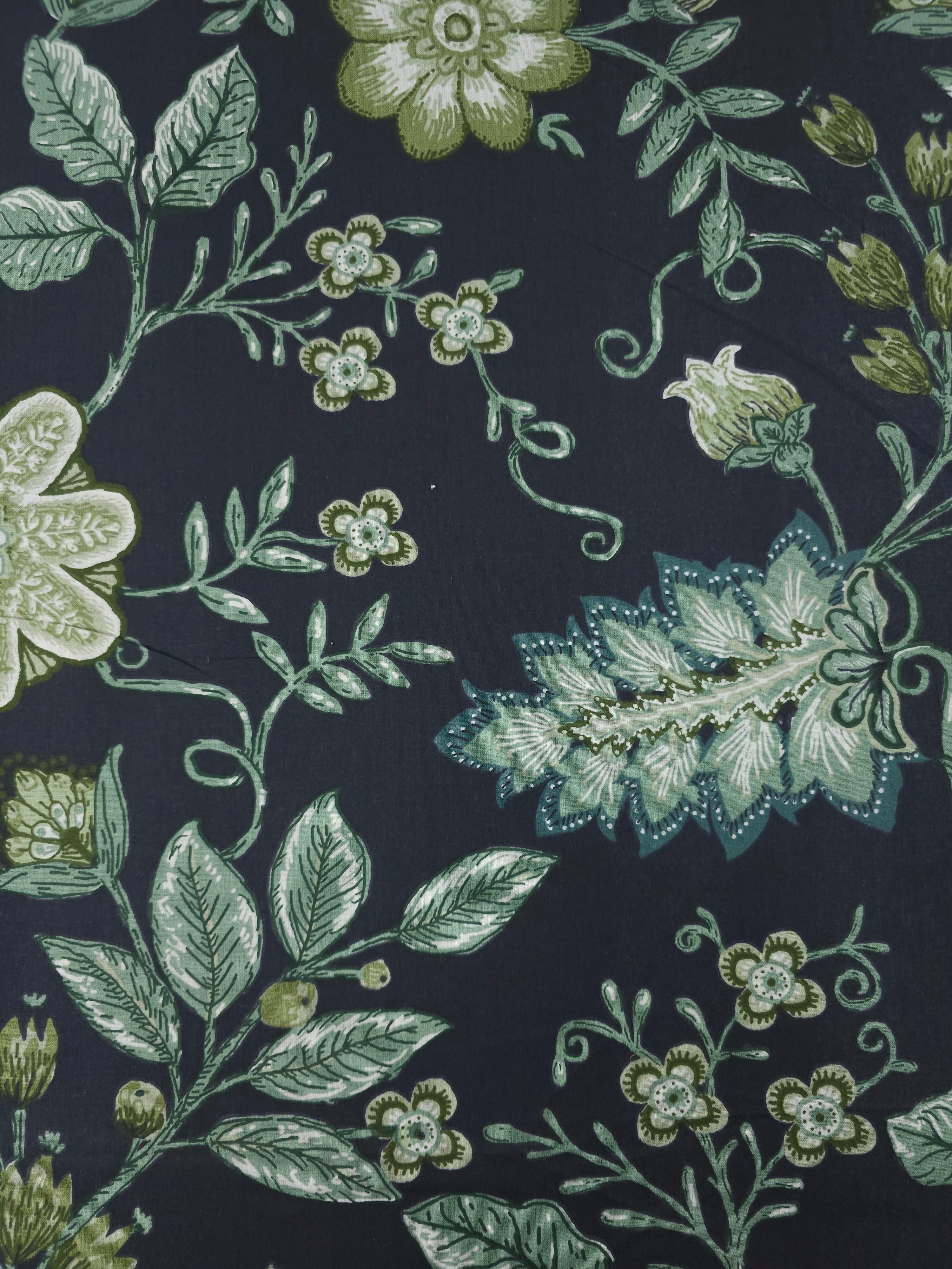Sage/Black Floral Leaf 100% Cotton 90"