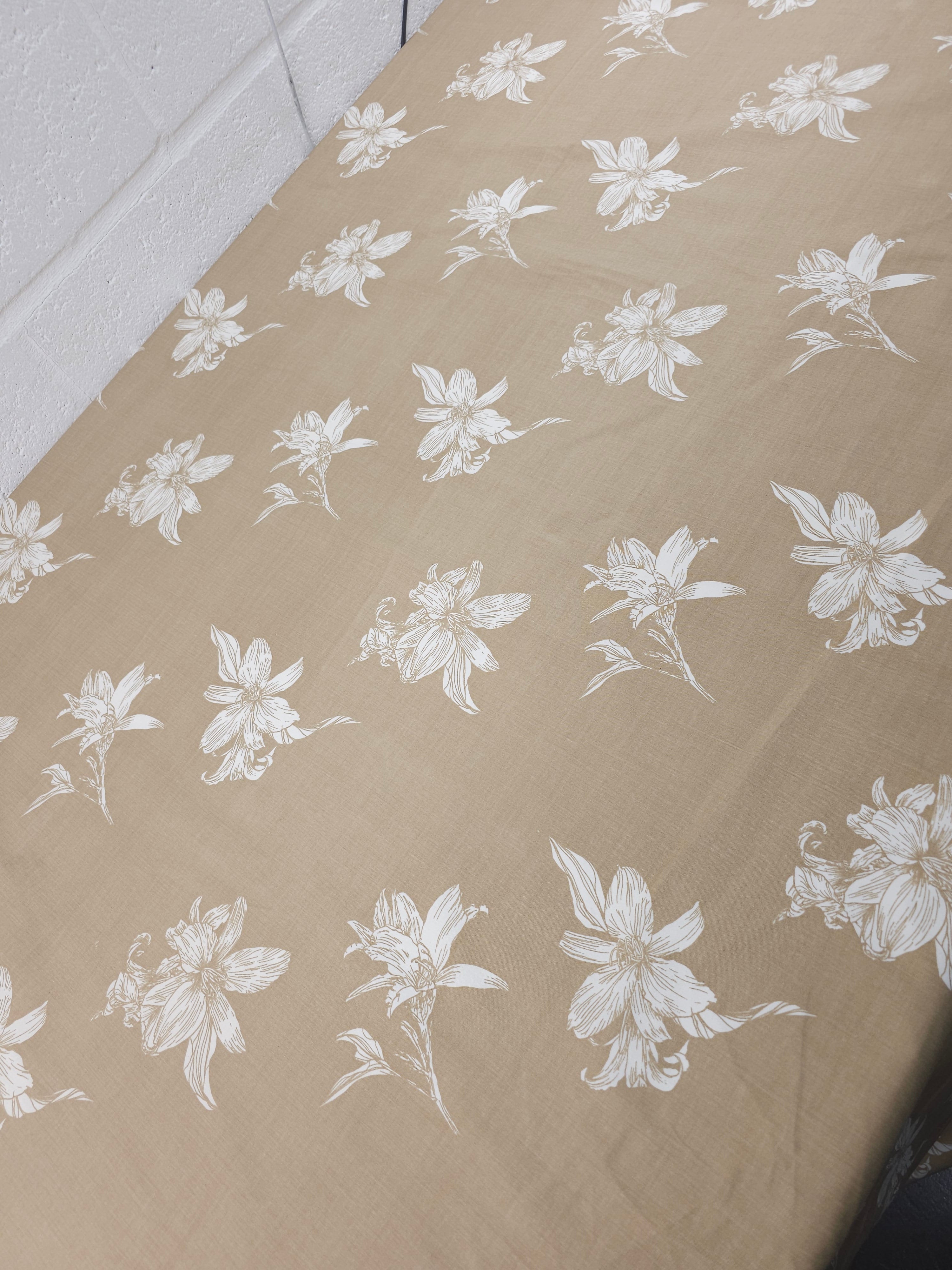 Beige Sketch Floating Flowers Heavy Cotton Poplin